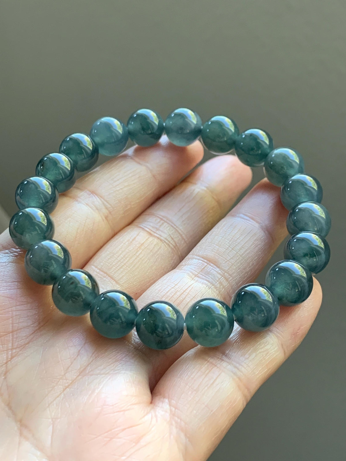 Natural Grade A Guatemalan Icy Translucent Dark Teal Blue Jade Jadeite Beaded Bracelet Stretchy 9.8mm 7.25” 32g 天然冰危深蓝绿翡翠圆珠手串 WLJ220