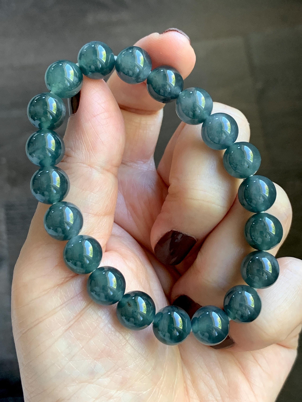 Natural Grade A Guatemalan Icy Translucent Dark Teal Blue Jade Jadeite Beaded Bracelet Stretchy 9.8mm 7.25” 32g 天然冰危深蓝绿翡翠圆珠手串 WLJ220