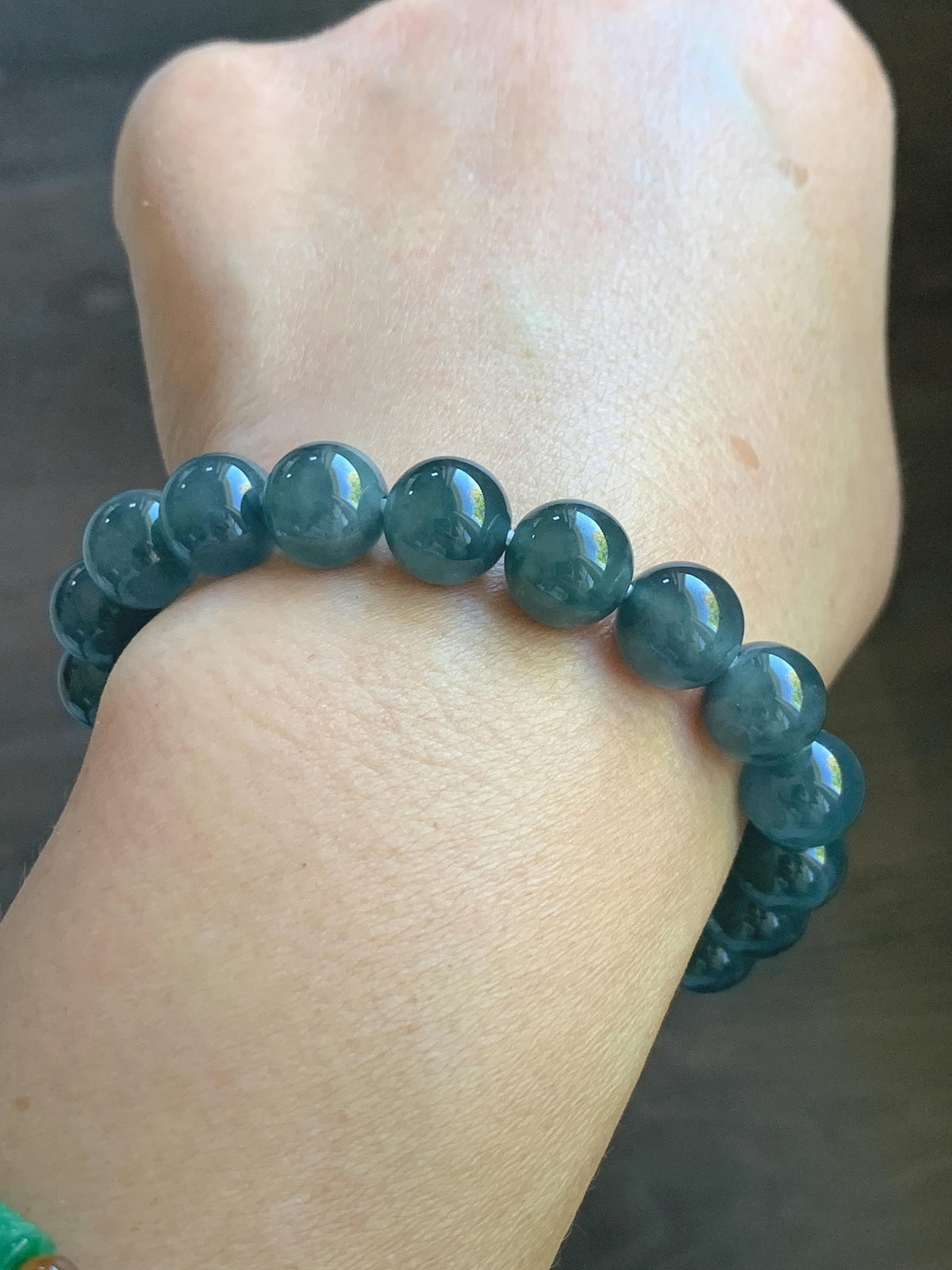 Natural Grade A Guatemalan Icy Translucent Dark Teal Blue Jade Jadeite Beaded Bracelet Stretchy 9.8mm 7.25” 32g 天然冰危深蓝绿翡翠圆珠手串 WLJ220