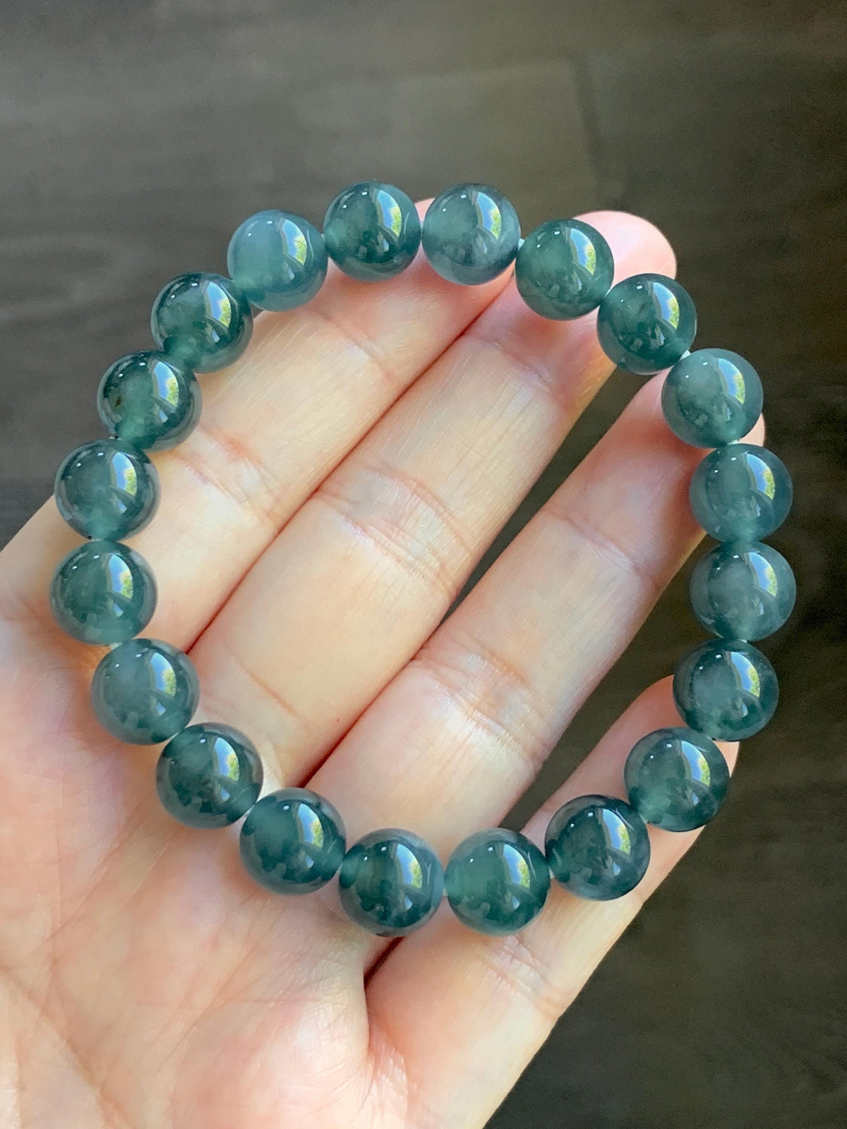 Natural Grade A Guatemalan Icy Translucent Dark Teal Blue Jade Jadeite Beaded Bracelet Stretchy 9.8mm 7.25” 32g 天然冰危深蓝绿翡翠圆珠手串 WLJ220