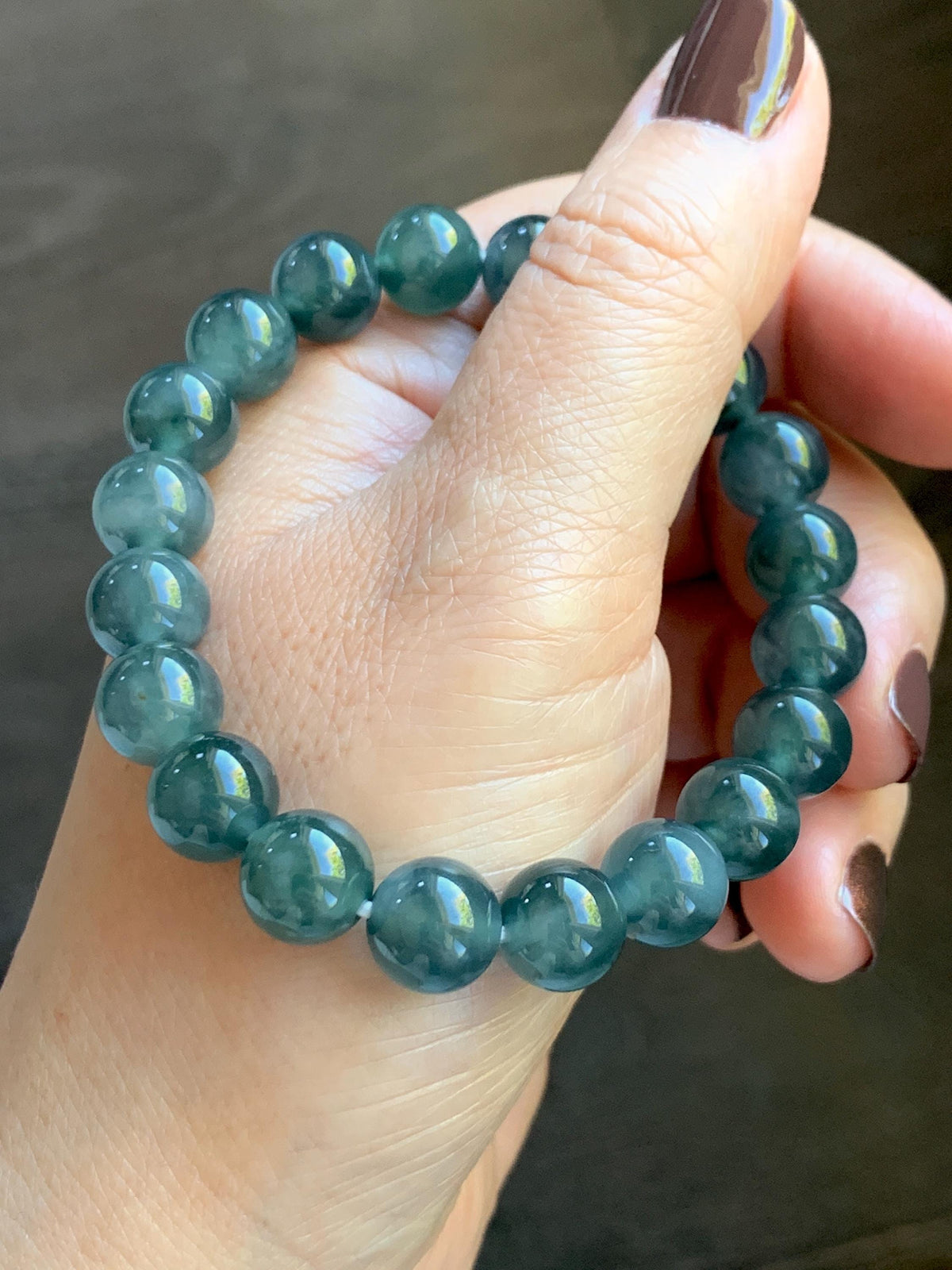 Natural Grade A Guatemalan Icy Translucent Dark Teal Blue Jade Jadeite Beaded Bracelet Stretchy 9.8mm 7.25” 32g 天然冰危深蓝绿翡翠圆珠手串 WLJ220