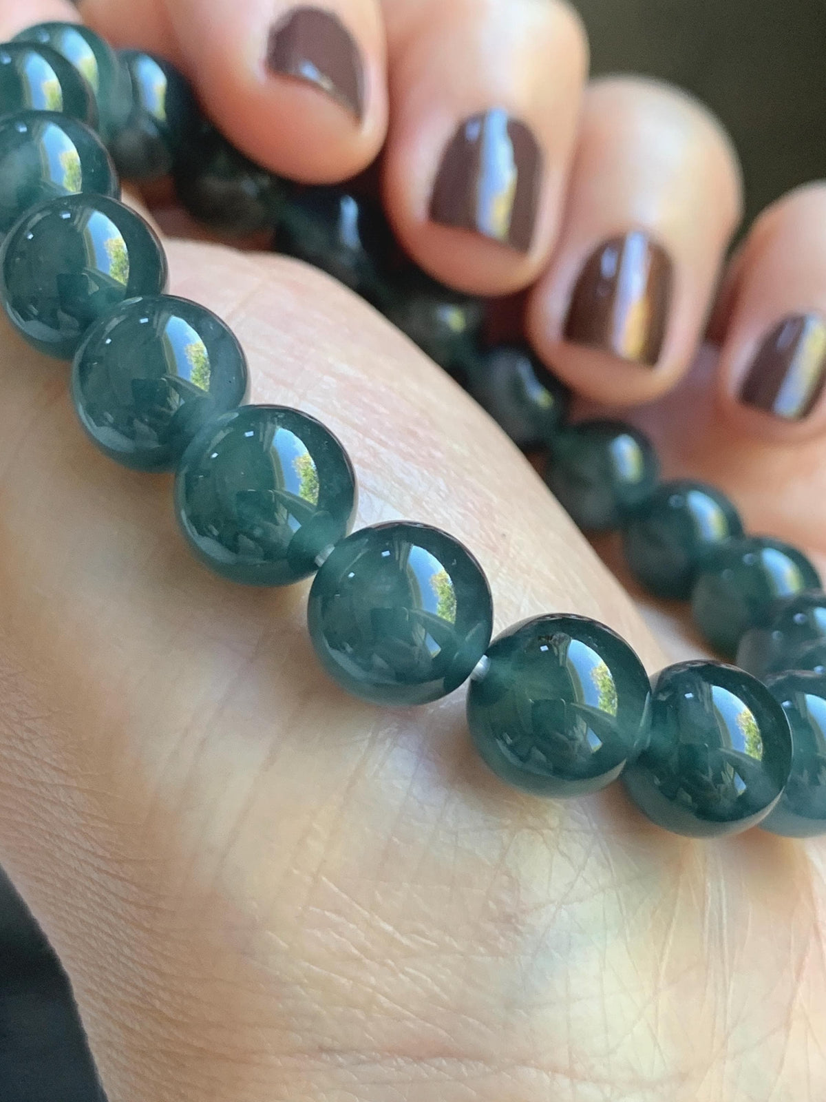Natural Grade A Guatemalan Icy Translucent Dark Teal Blue Jade Jadeite Beaded Bracelet Stretchy 9.8mm 7.25” 32g 天然冰危深蓝绿翡翠圆珠手串 WLJ220