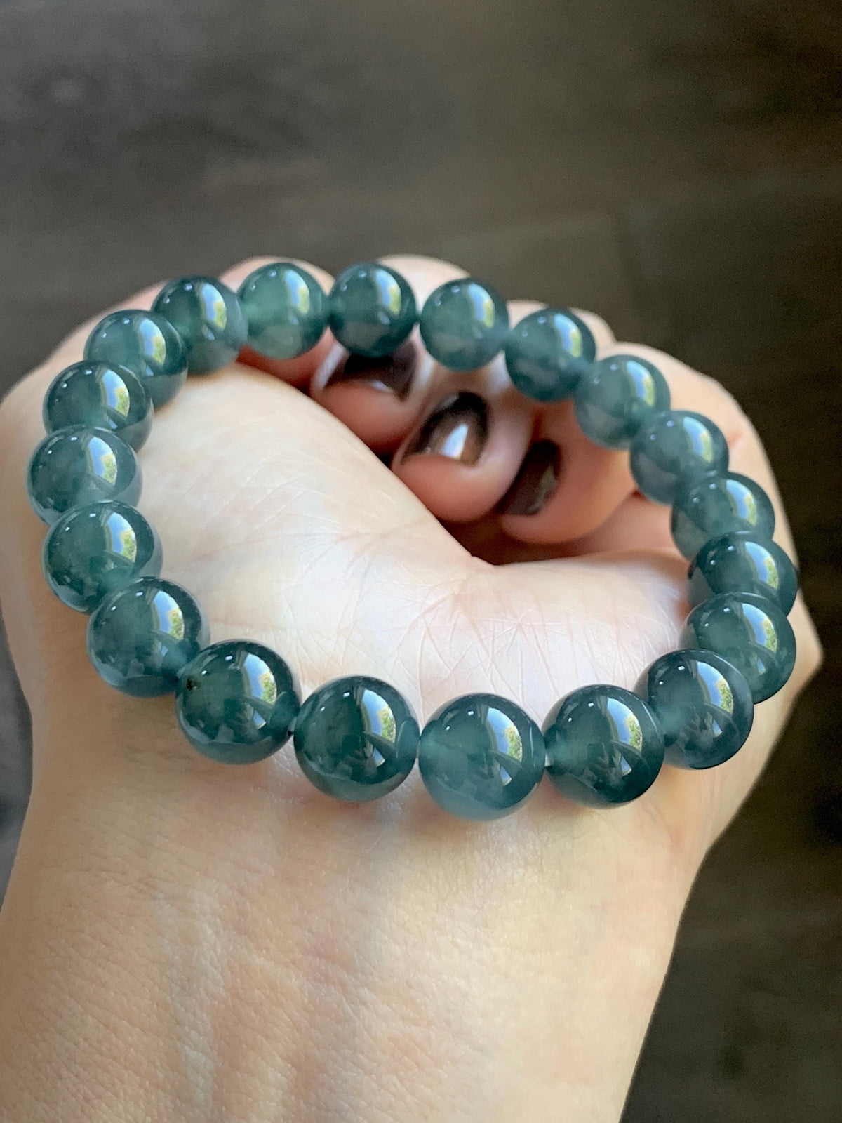 Natural Grade A Guatemalan Icy Translucent Dark Teal Blue Jade Jadeite Beaded Bracelet Stretchy 9.8mm 7.25” 32g 天然冰危深蓝绿翡翠圆珠手串 WLJ220