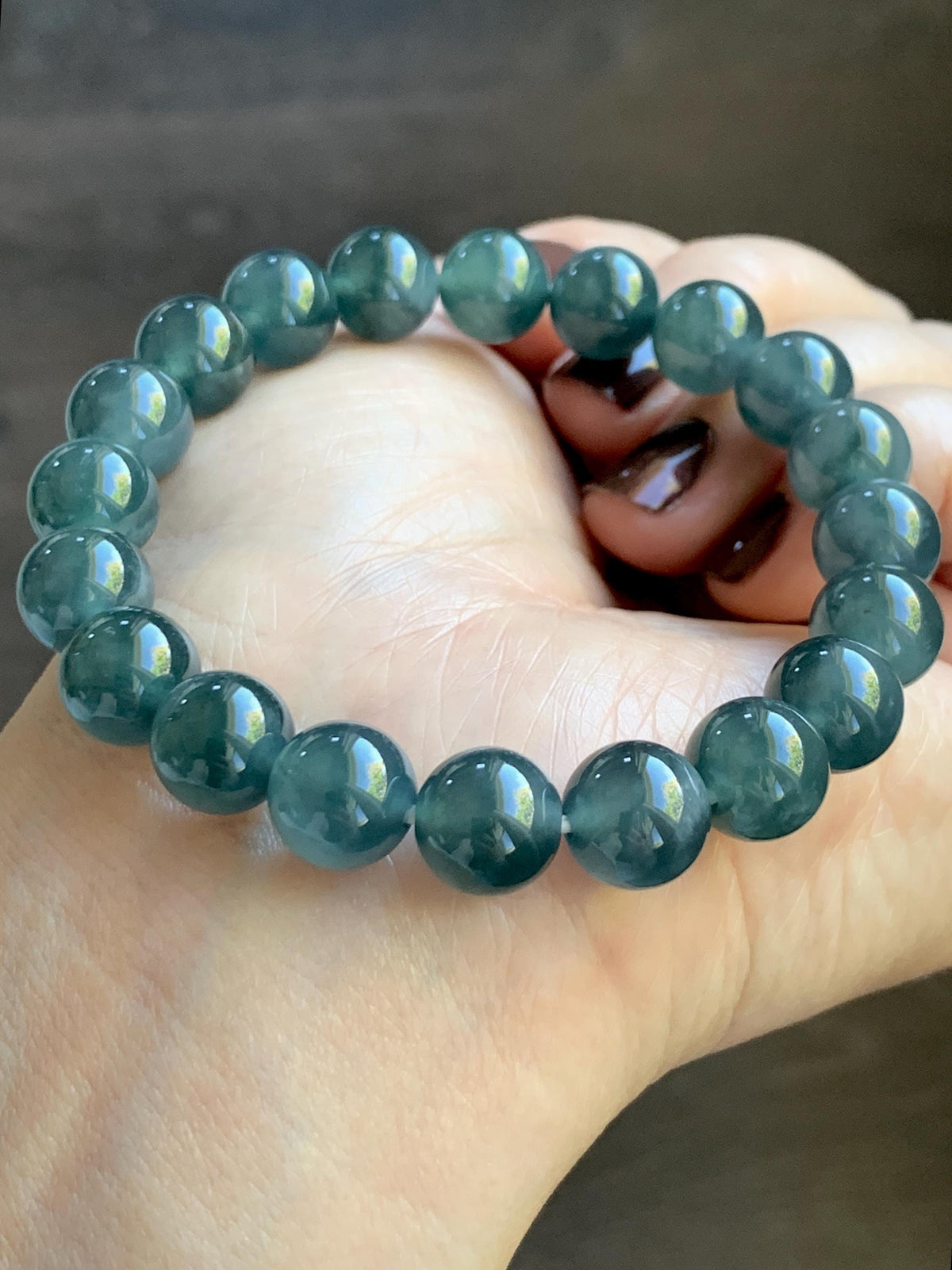 Natural Grade A Guatemalan Icy Translucent Dark Teal Blue Jade Jadeite Beaded Bracelet Stretchy 9.8mm 7.25” 32g 天然冰危深蓝绿翡翠圆珠手串 WLJ220