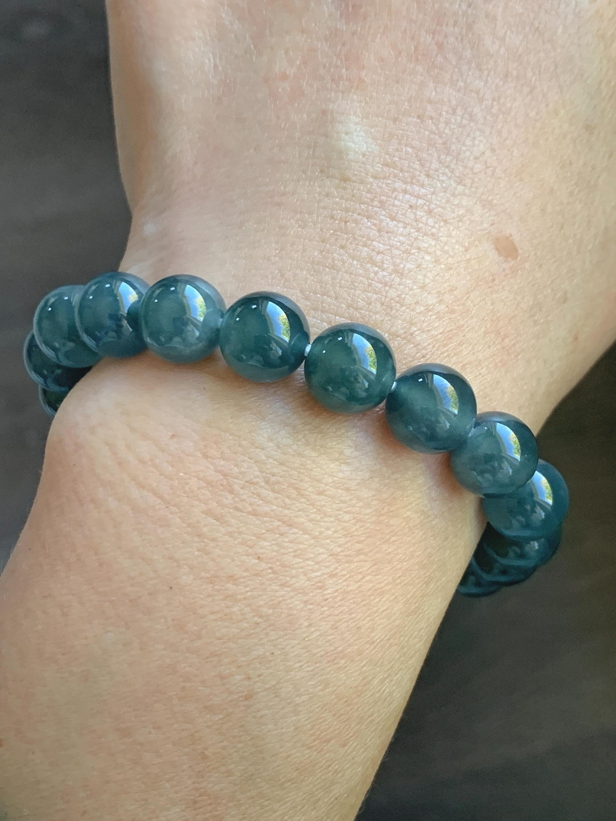 Natural Grade A Guatemalan Icy Translucent Dark Teal Blue Jade Jadeite Beaded Bracelet Stretchy 9.8mm 7.25” 32g 天然冰危深蓝绿翡翠圆珠手串 WLJ220