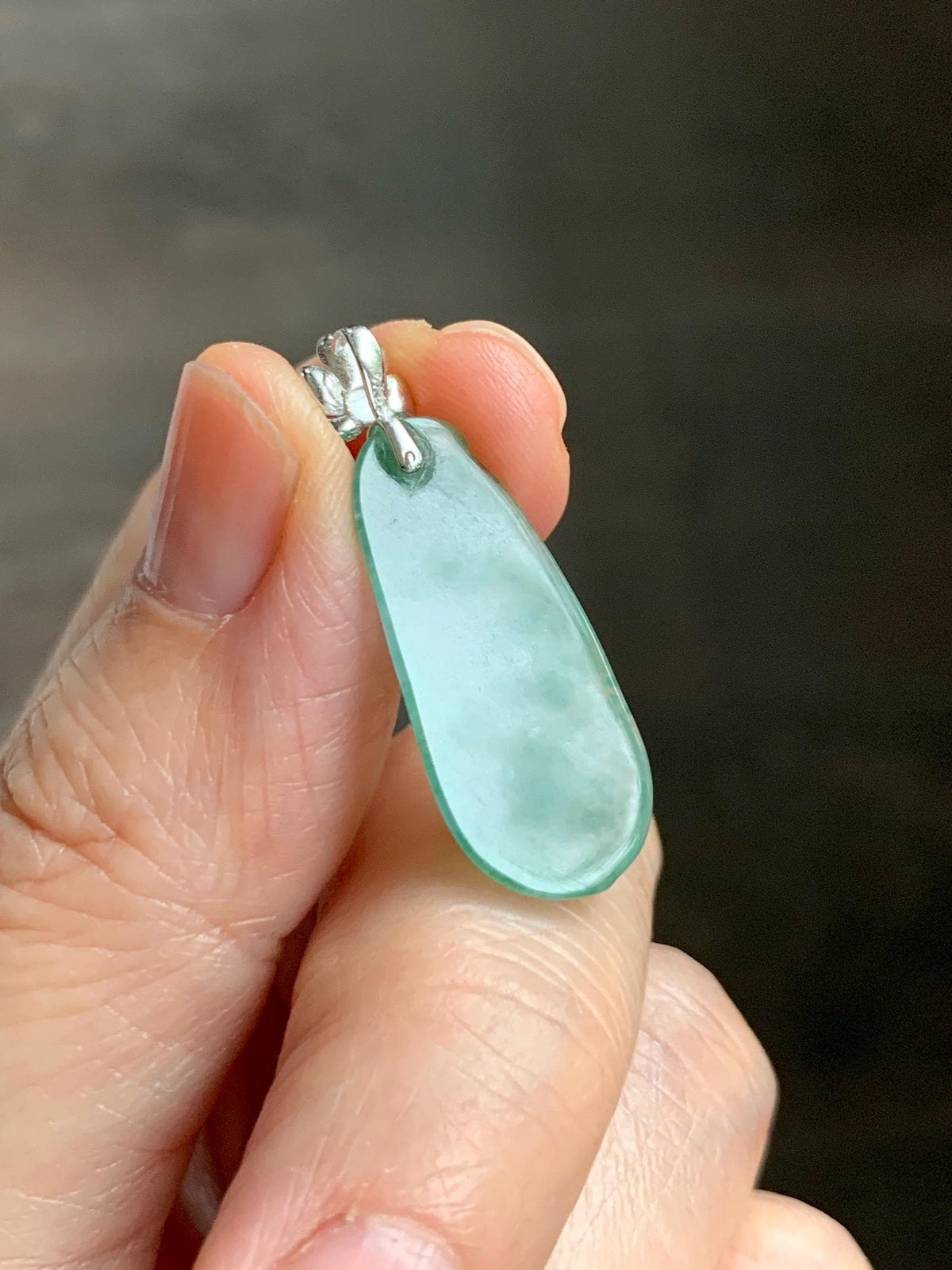 Certified Natural Grade A Icy Translucent Green Marbled Jade Jadeite Lucky Peapod Pendant Sterling Silver 2.33g 天然冰胶飘绿花翡翠福豆吊坠 1237