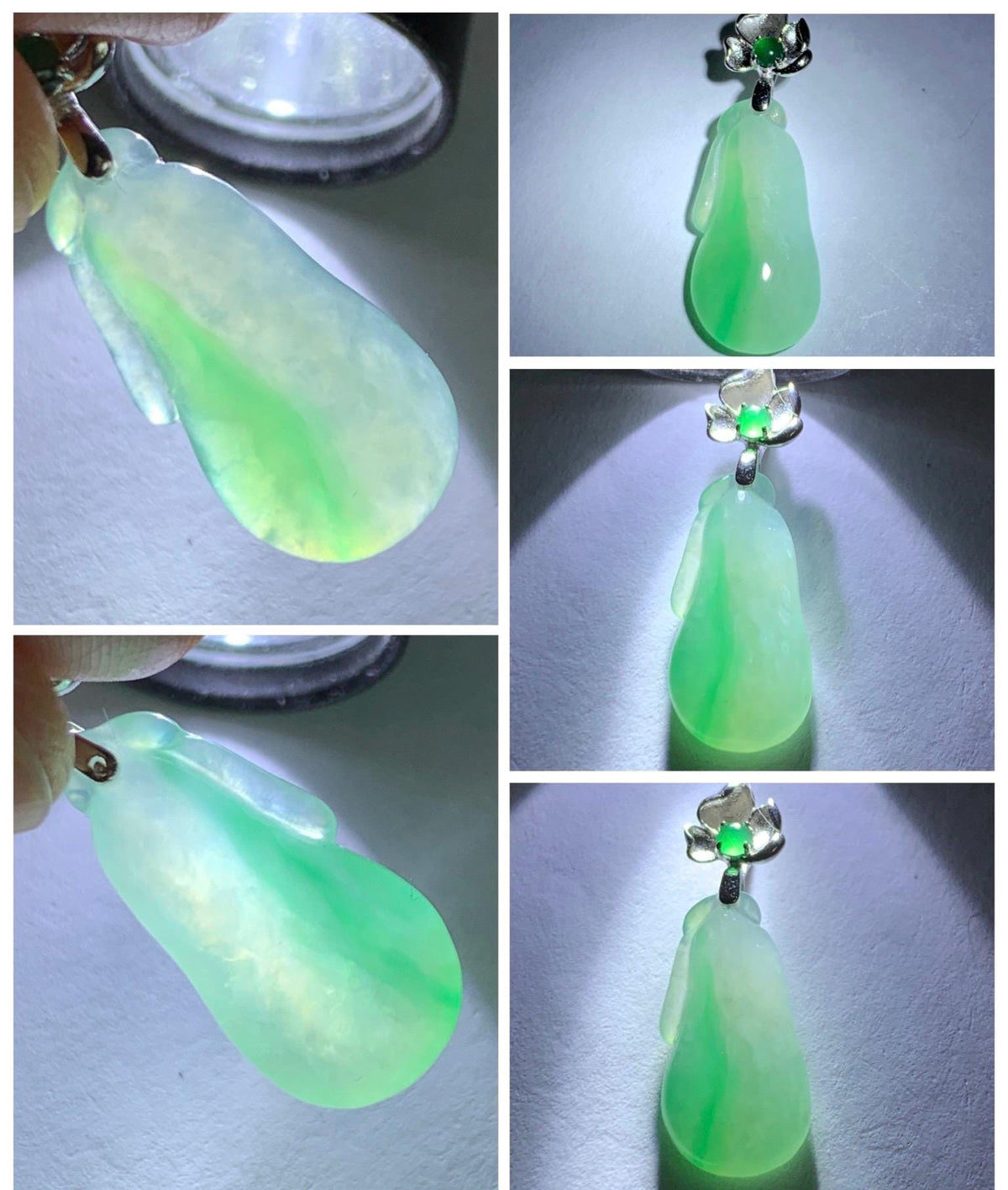 Certified Natural Grade A Icy Translucent White & Green Jade Jadeite Lucky Gourd Petite Pendant Sterling Silver 1.34g 天然冰胶阳绿花翡翠小福瓜吊坠 1160
