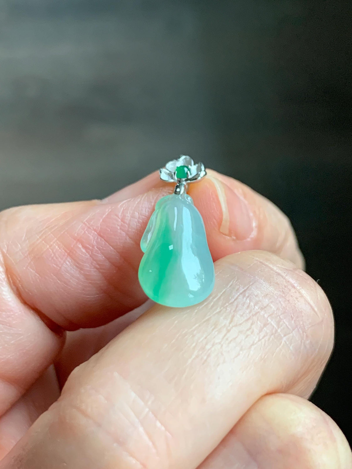 Certified Natural Grade A Icy Translucent White & Green Jade Jadeite Lucky Gourd Petite Pendant Sterling Silver 1.34g 天然冰胶阳绿花翡翠小福瓜吊坠 1160