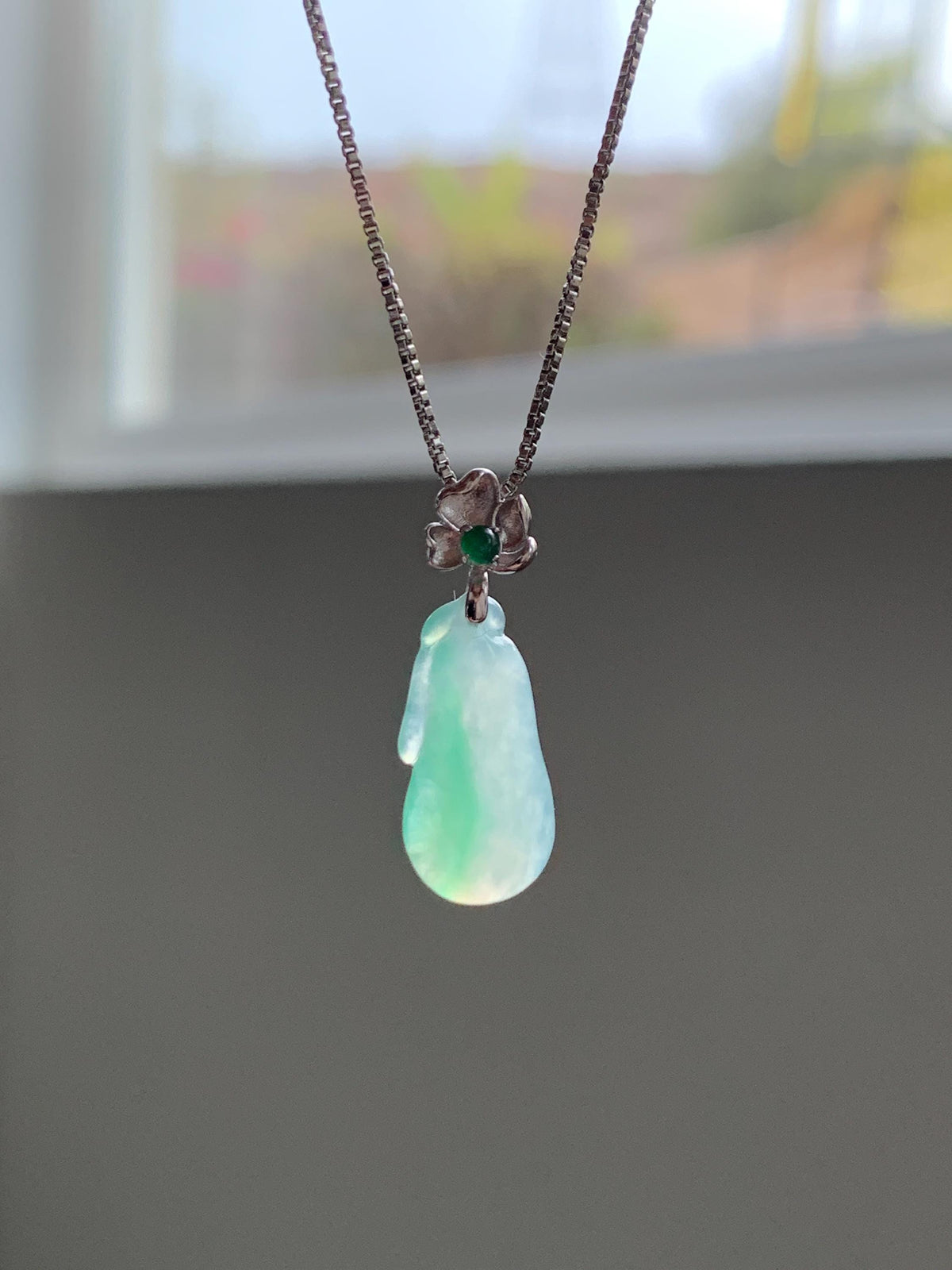 Certified Natural Grade A Icy Translucent White & Green Jade Jadeite Lucky Gourd Petite Pendant Sterling Silver 1.34g 天然冰胶阳绿花翡翠小福瓜吊坠 1160