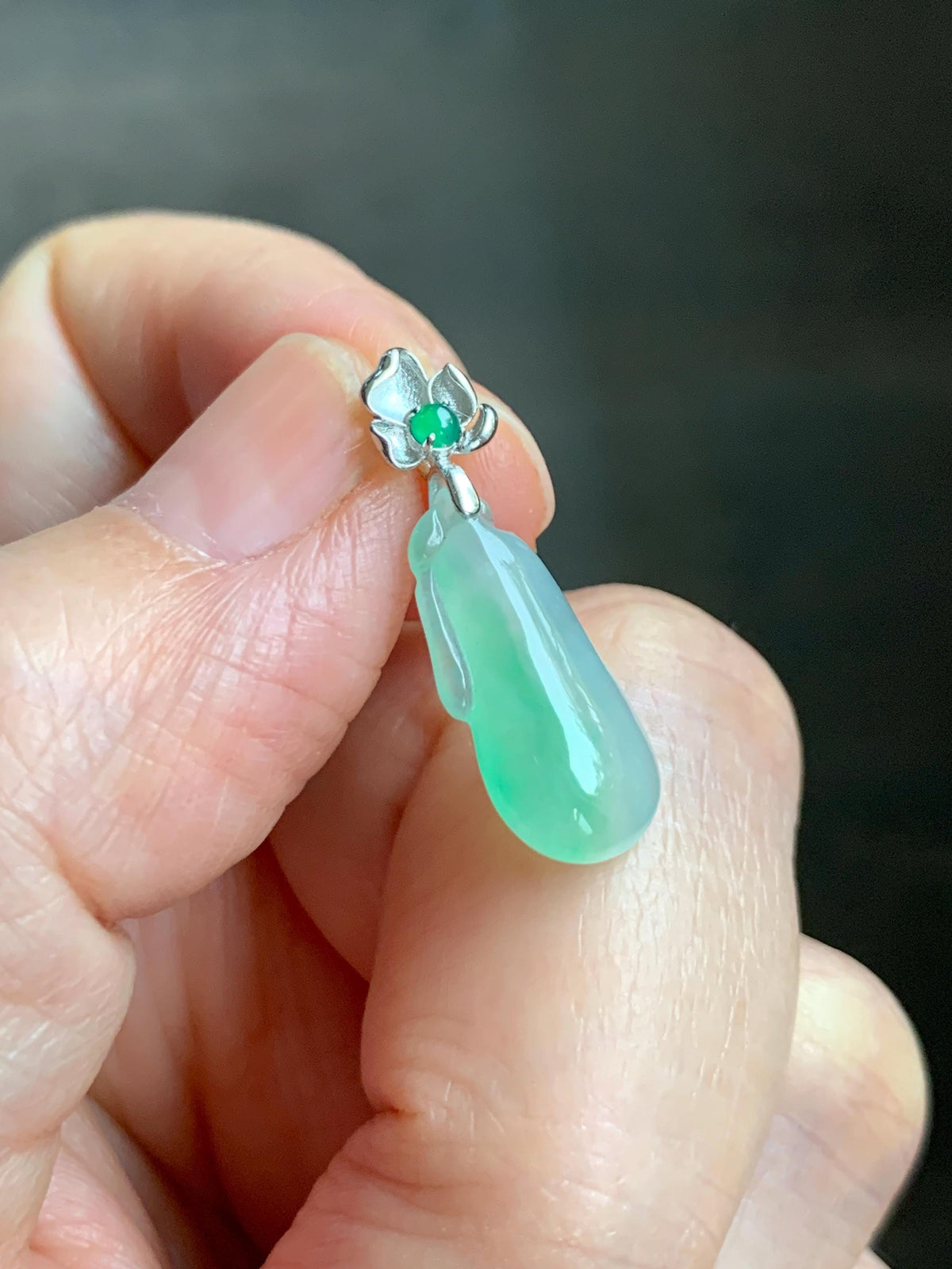 Certified Natural Grade A Icy Translucent White & Green Jade Jadeite Lucky Gourd Petite Pendant Sterling Silver 1.34g 天然冰胶阳绿花翡翠小福瓜吊坠 1160