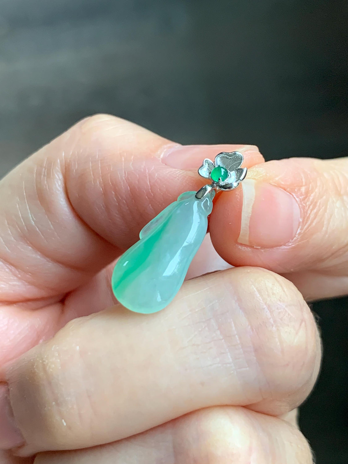 Certified Natural Grade A Icy Translucent White & Green Jade Jadeite Lucky Gourd Petite Pendant Sterling Silver 1.34g 天然冰胶阳绿花翡翠小福瓜吊坠 1160