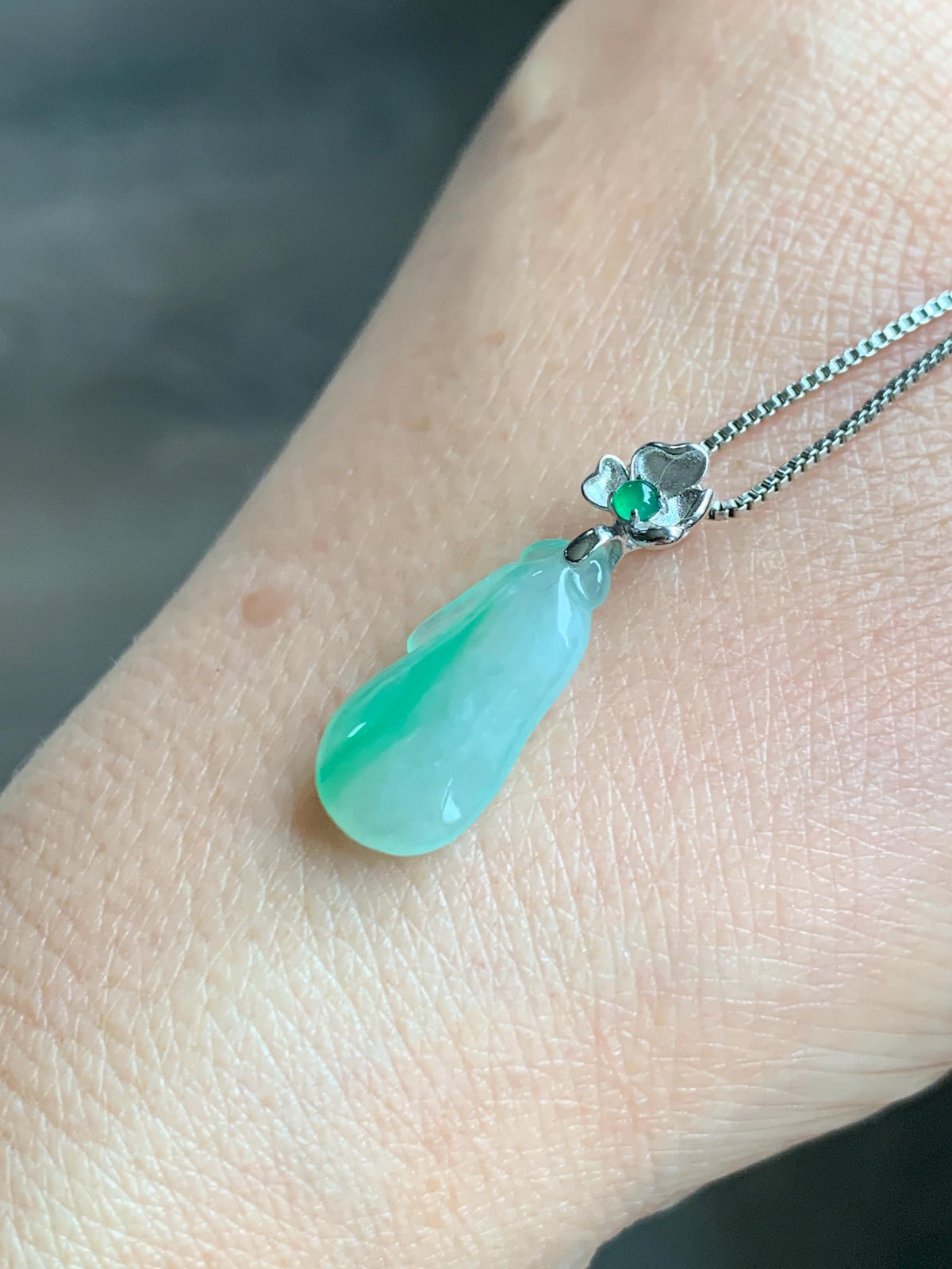 Certified Natural Grade A Icy Translucent White & Green Jade Jadeite Lucky Gourd Petite Pendant Sterling Silver 1.34g 天然冰胶阳绿花翡翠小福瓜吊坠 1160