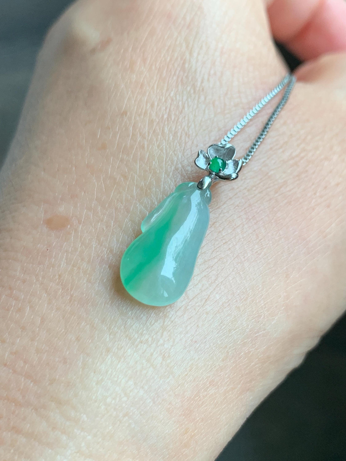 Certified Natural Grade A Icy Translucent White & Green Jade Jadeite Lucky Gourd Petite Pendant Sterling Silver 1.34g 天然冰胶阳绿花翡翠小福瓜吊坠 1160