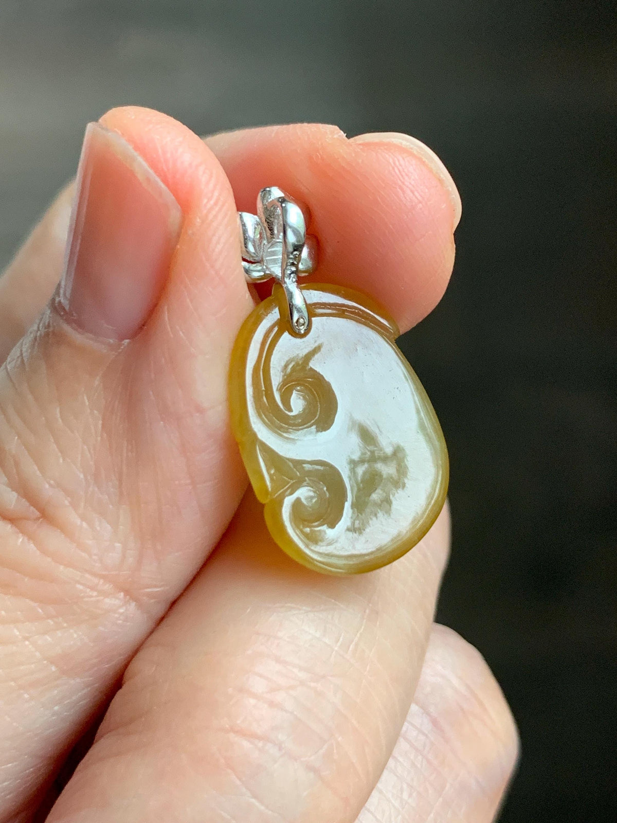 Certified Natural Grade A Icy Translucent Rich Dark Yellow Jade Jadeite Ruyi Amulet Petite Pendant Sterling Silver 1.95g 天然冰胶鸡油黄翡翠如意吊坠 1162
