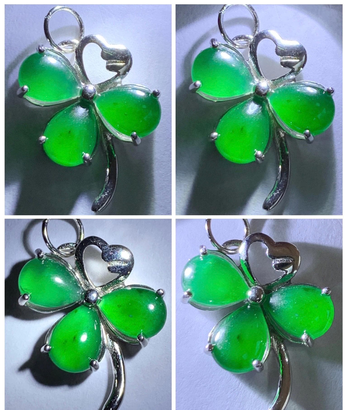 Natural Grade A Guatemalan Icy Translucent Vibrant Green Teardrop Jade Jadeite Clover Leaf Pendant Sterling Silver 天然冰危绿水滴翡翠四叶草镶嵌吊坠 WLC165