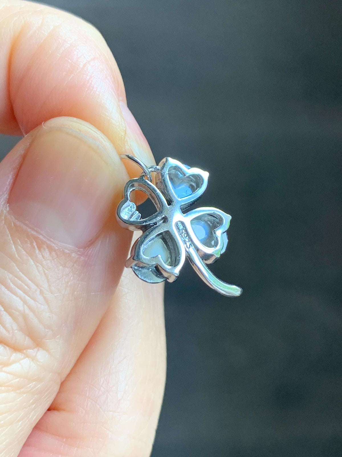 Natural Grade A Guatemalan Icy Translucent Vibrant Green Teardrop Jade Jadeite Clover Leaf Pendant Sterling Silver 天然冰危绿水滴翡翠四叶草镶嵌吊坠 WLC165