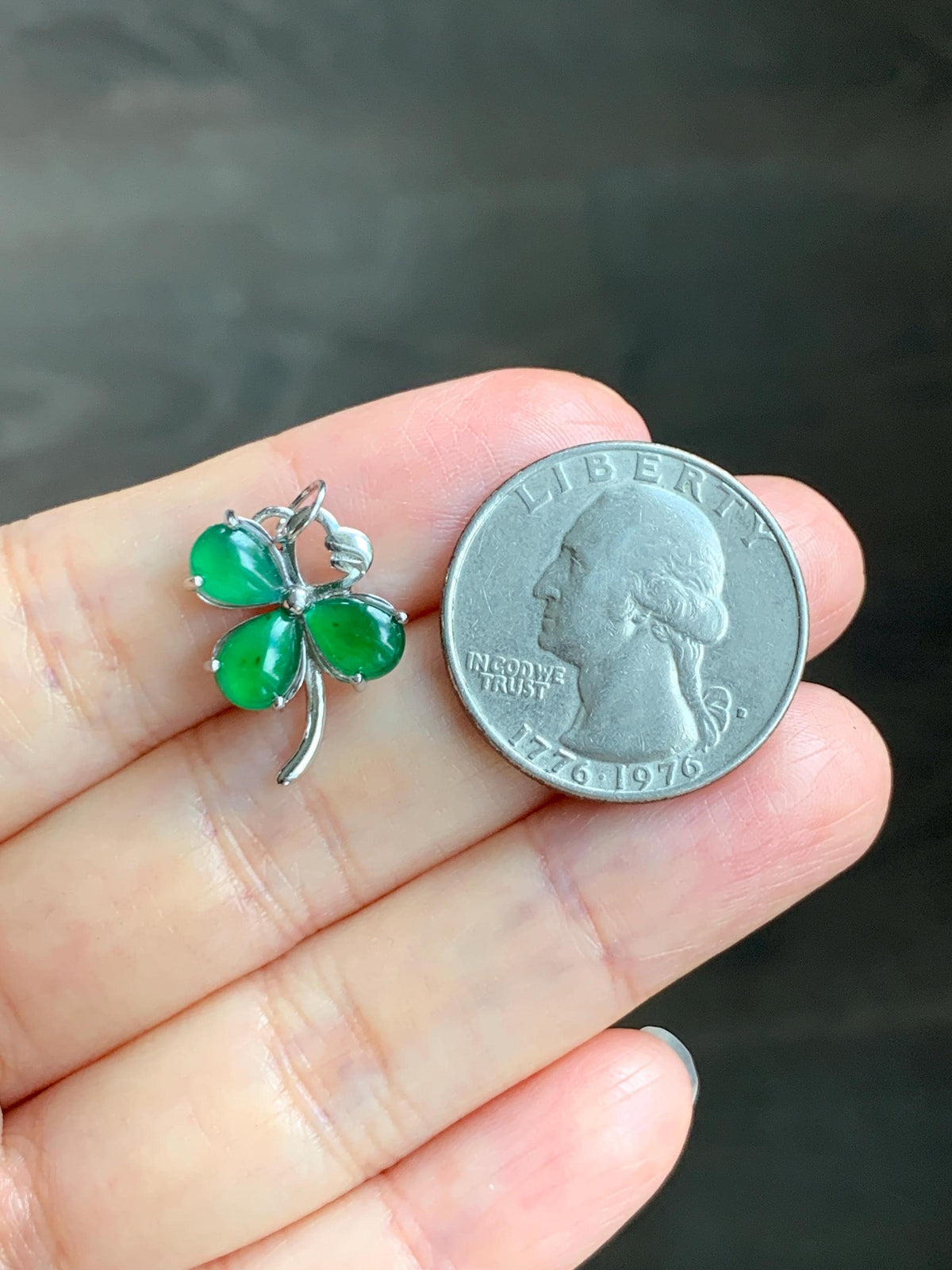 Natural Grade A Guatemalan Icy Translucent Vibrant Green Teardrop Jade Jadeite Clover Leaf Pendant Sterling Silver 天然冰危绿水滴翡翠四叶草镶嵌吊坠 WLC165