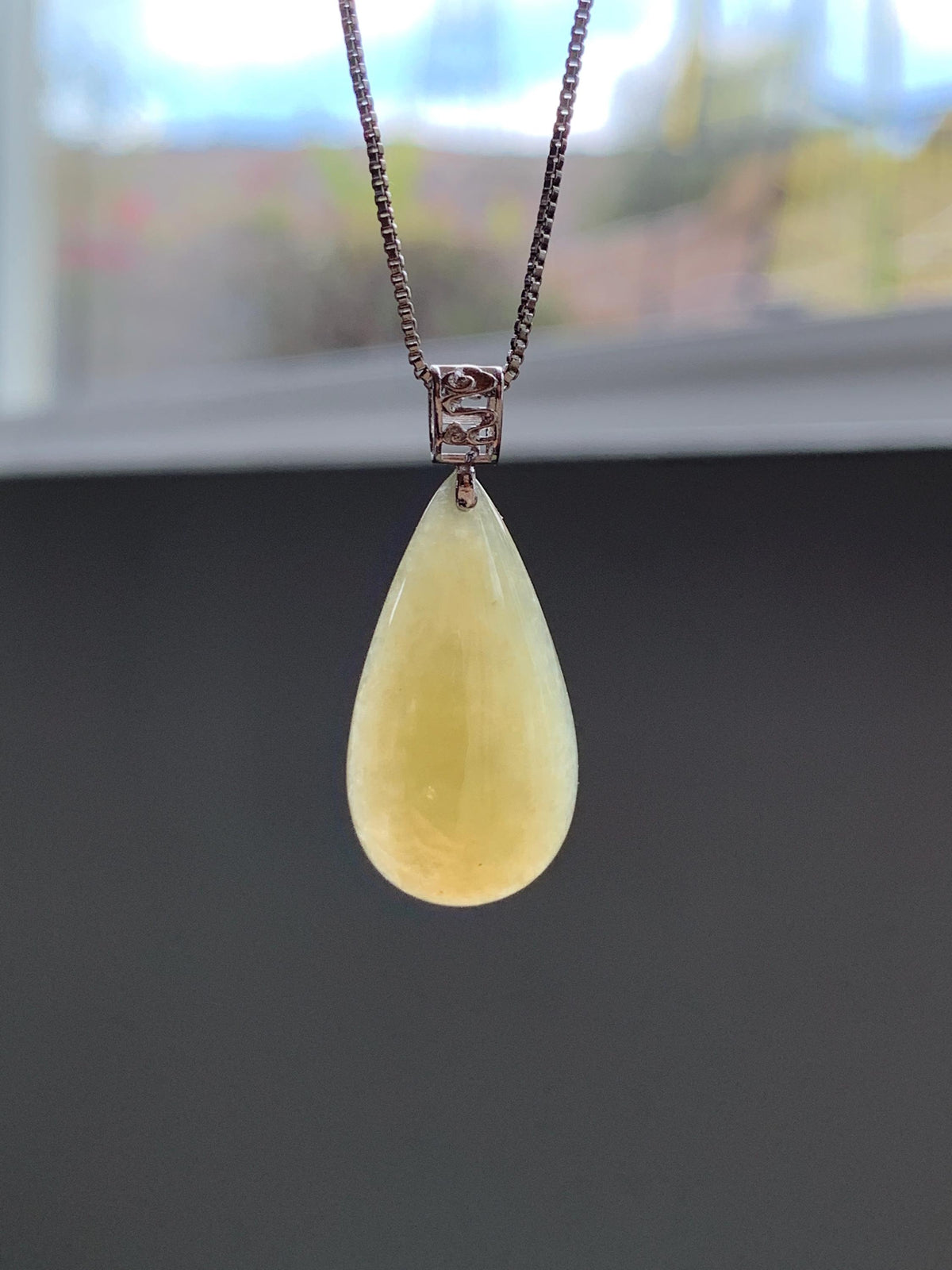 Natural Grade A Icy Translucent Pastel Yellow Jade Jadeite Teardrop Solitaire Pendant Sterling Silver 3g 天然冰淡黄翡翠水滴蛋面吊坠 MDH184B