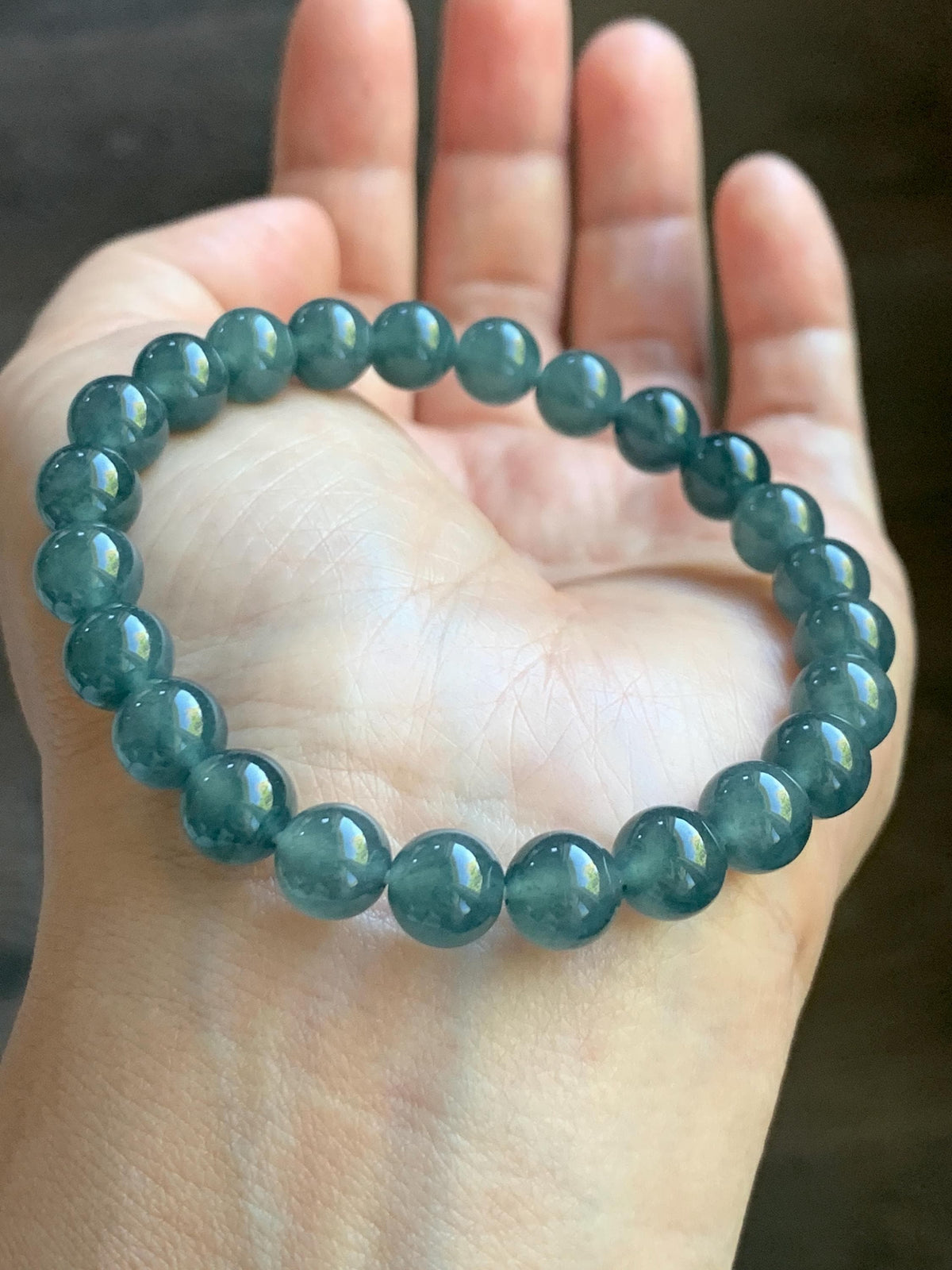 Natural Grade A Guatemalan Icy Translucent Dark Teal Blue Jade Jadeite Beaded Bracelet Stretchy 7.8mm 7” 19g 天然冰危深蓝绿翡翠圆珠手串 WXL154