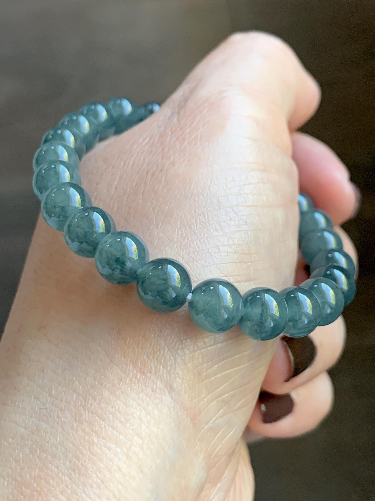 Natural Grade A Guatemalan Icy Translucent Dark Teal Blue Jade Jadeite Beaded Bracelet Stretchy 7.8mm 7” 19g 天然冰危深蓝绿翡翠圆珠手串 WXL154