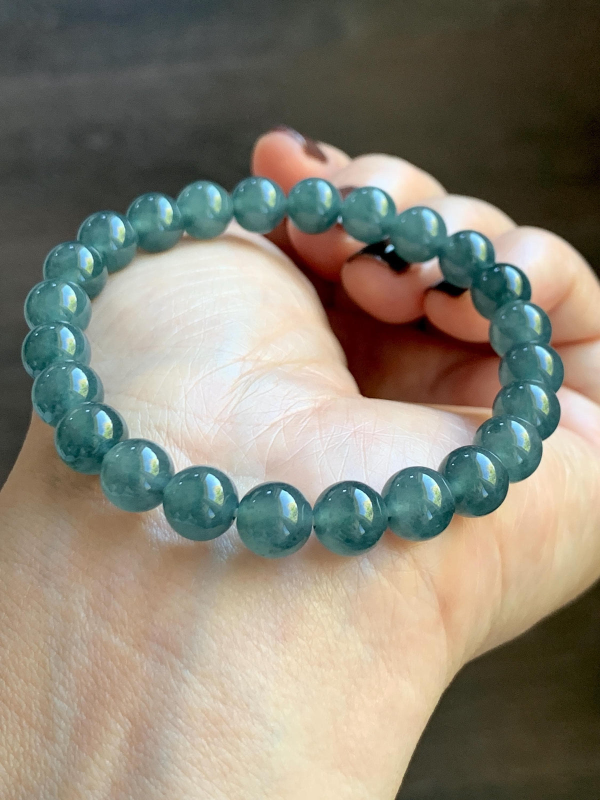 Natural Grade A Guatemalan Icy Translucent Dark Teal Blue Jade Jadeite Beaded Bracelet Stretchy 7.8mm 7” 19g 天然冰危深蓝绿翡翠圆珠手串 WXL154
