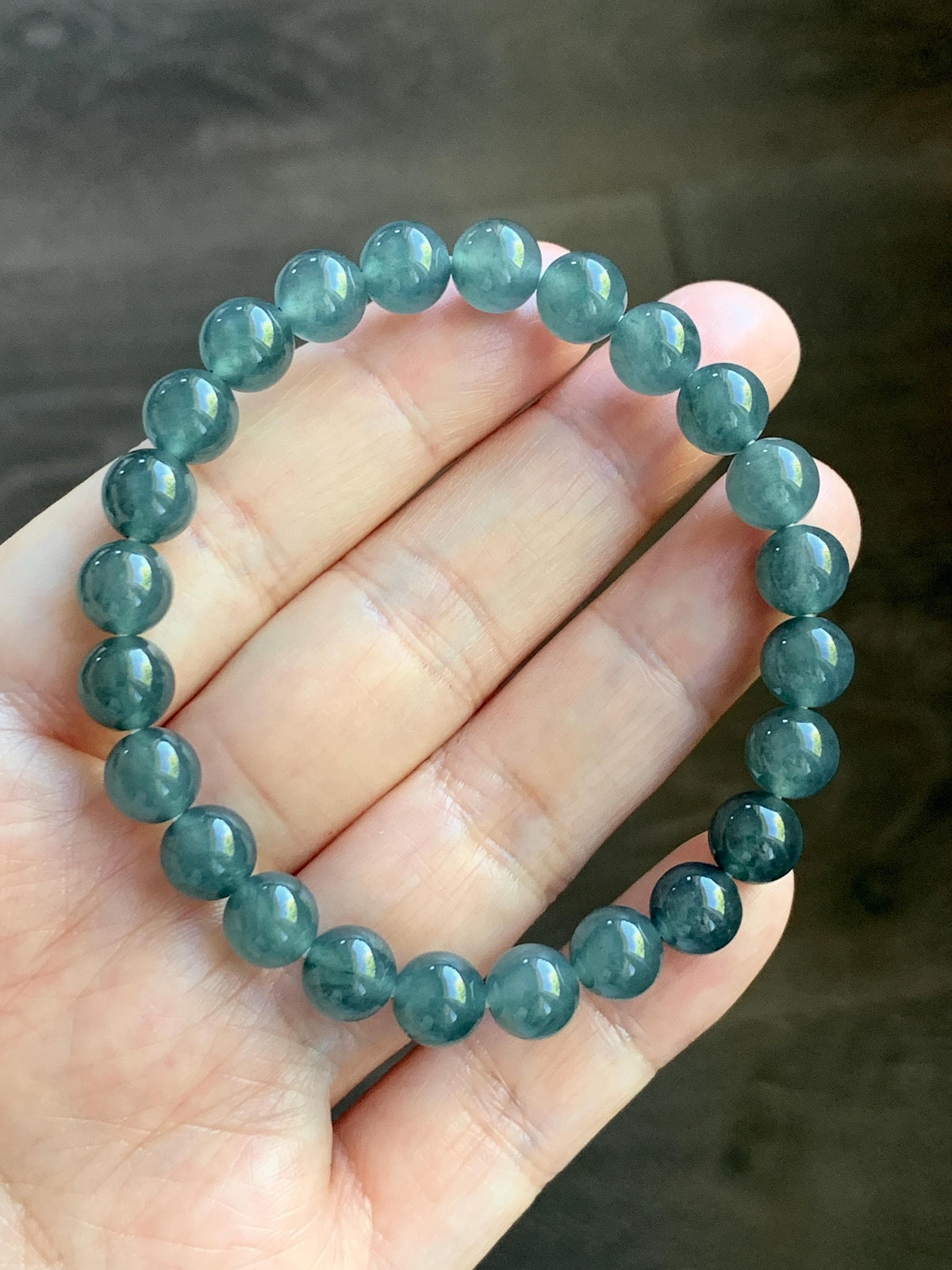 Natural Grade A Guatemalan Icy Translucent Dark Teal Blue Jade Jadeite Beaded Bracelet Stretchy 7.8mm 7” 19g 天然冰危深蓝绿翡翠圆珠手串 WXL154
