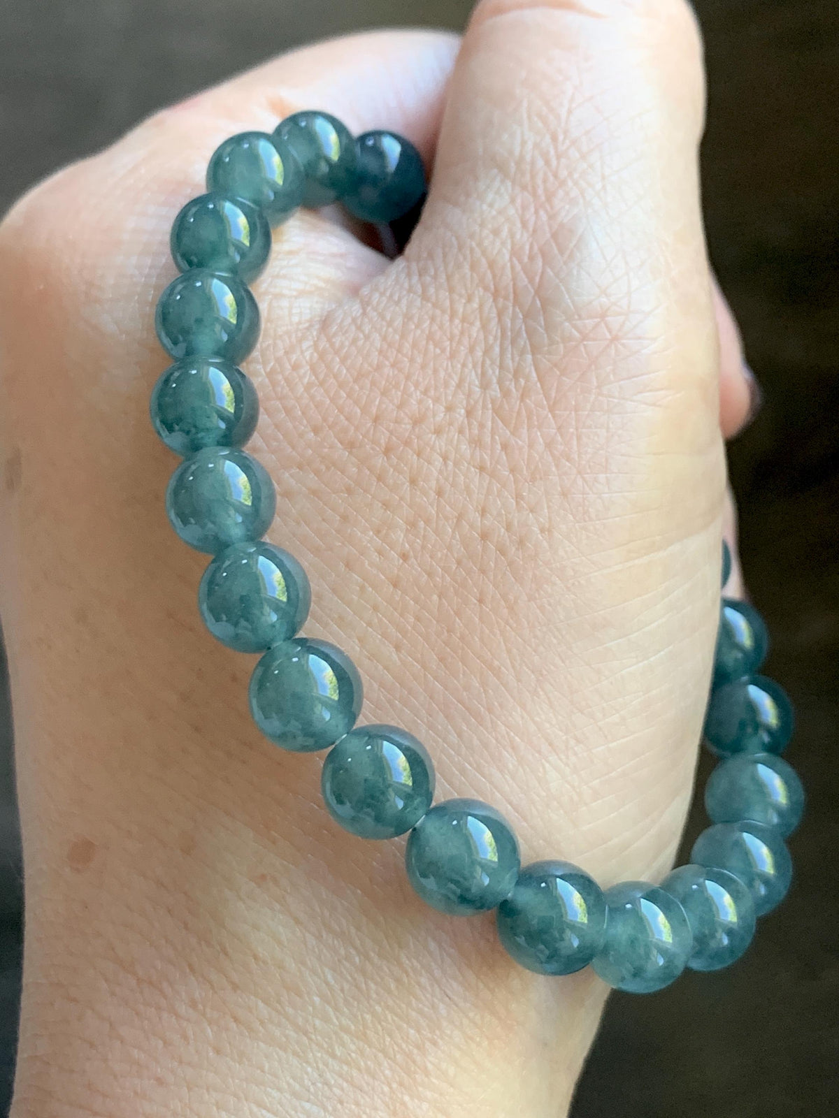 Natural Grade A Guatemalan Icy Translucent Dark Teal Blue Jade Jadeite Beaded Bracelet Stretchy 7.8mm 7” 19g 天然冰危深蓝绿翡翠圆珠手串 WXL154