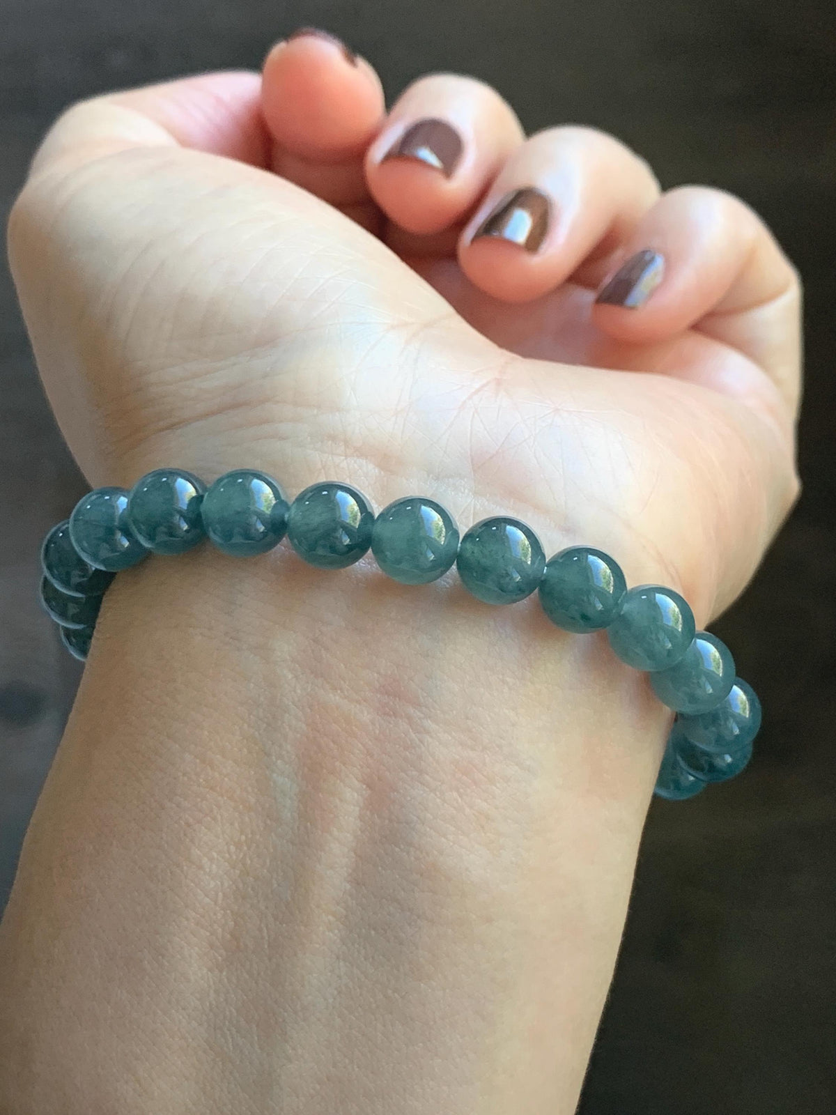 Natural Grade A Guatemalan Icy Translucent Dark Teal Blue Jade Jadeite Beaded Bracelet Stretchy 7.8mm 7” 19g 天然冰危深蓝绿翡翠圆珠手串 WXL154