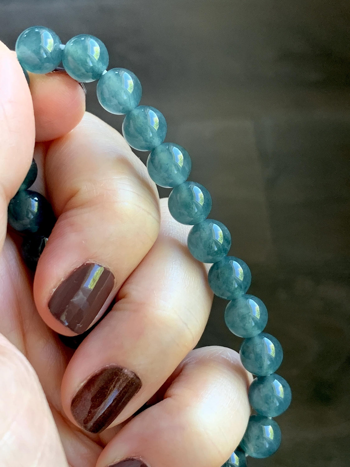 Natural Grade A Guatemalan Icy Translucent Dark Teal Blue Jade Jadeite Beaded Bracelet Stretchy 7.8mm 7” 19g 天然冰危深蓝绿翡翠圆珠手串 WXL154