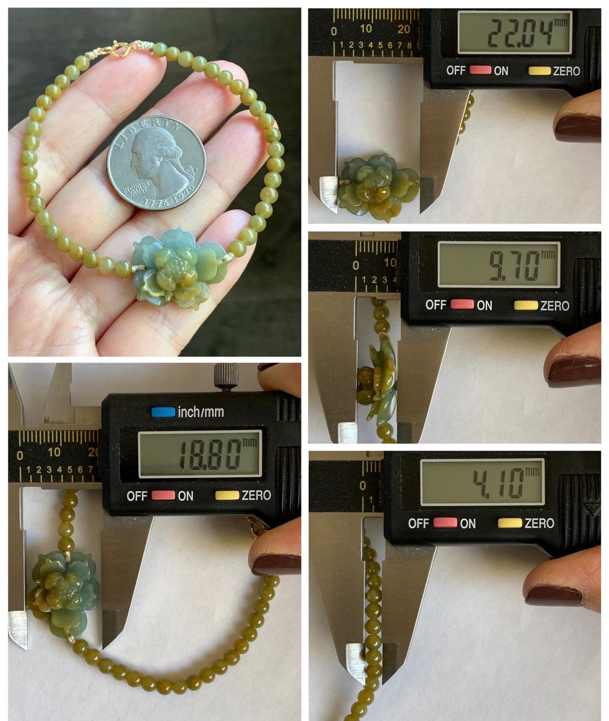 Natural Guatemalan Icy Translucent Dusty Blue Yellow Marbled Jade Jadeite Lotus Flower Petite Beaded Bracelet 7” 8g 天然冰危蓝黄翡翠莲花满黄小圆珠手串 WLH240