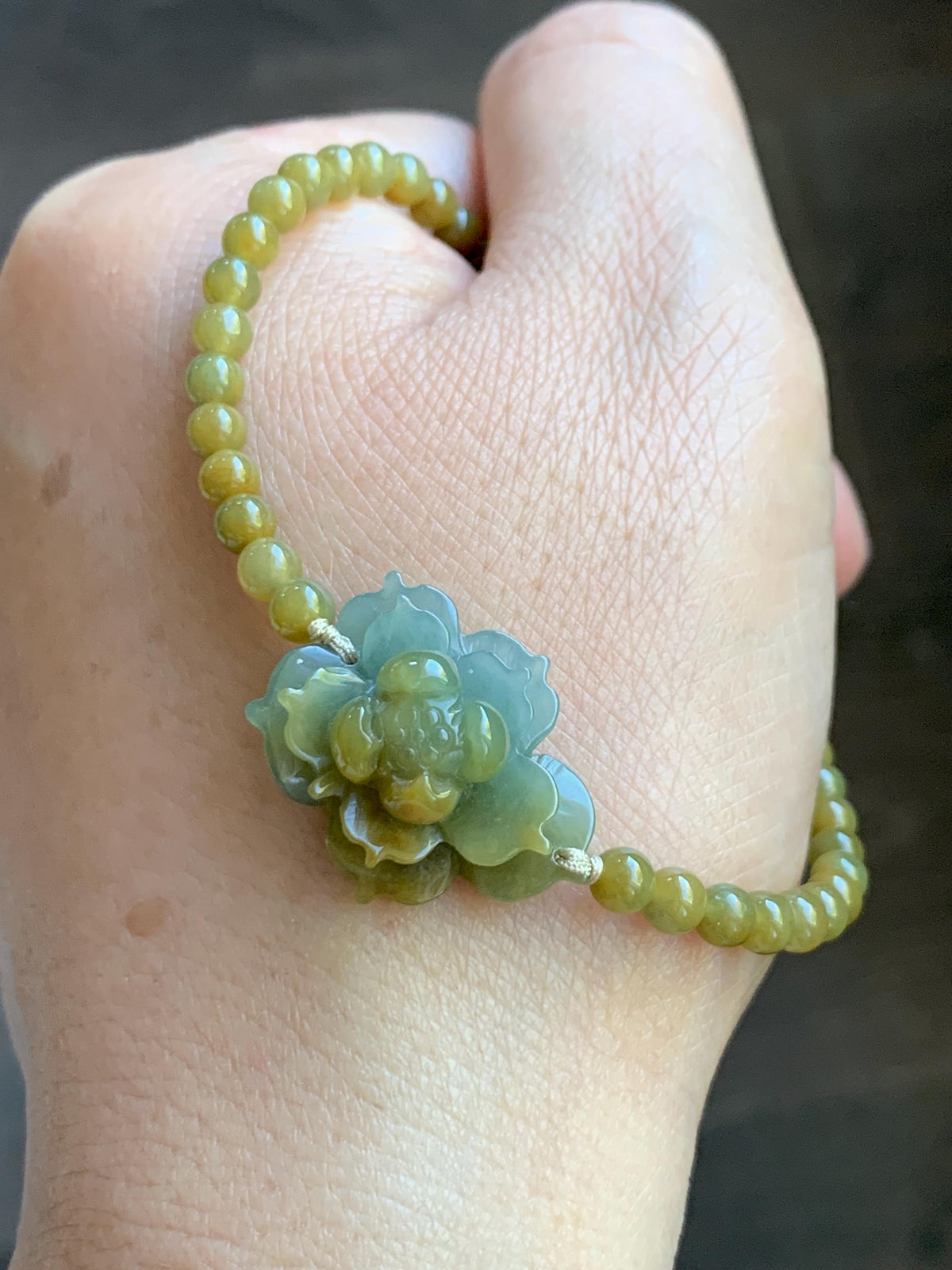 Natural Guatemalan Icy Translucent Dusty Blue Yellow Marbled Jade Jadeite Lotus Flower Petite Beaded Bracelet 7” 8g 天然冰危蓝黄翡翠莲花满黄小圆珠手串 WLH240