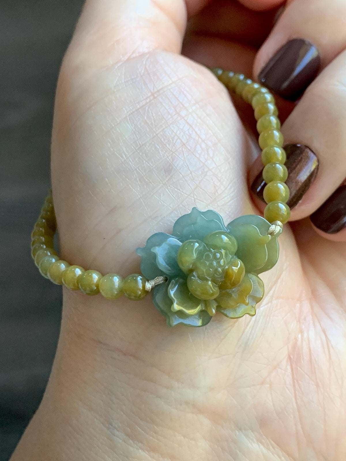 Natural Guatemalan Icy Translucent Dusty Blue Yellow Marbled Jade Jadeite Lotus Flower Petite Beaded Bracelet 7” 8g 天然冰危蓝黄翡翠莲花满黄小圆珠手串 WLH240