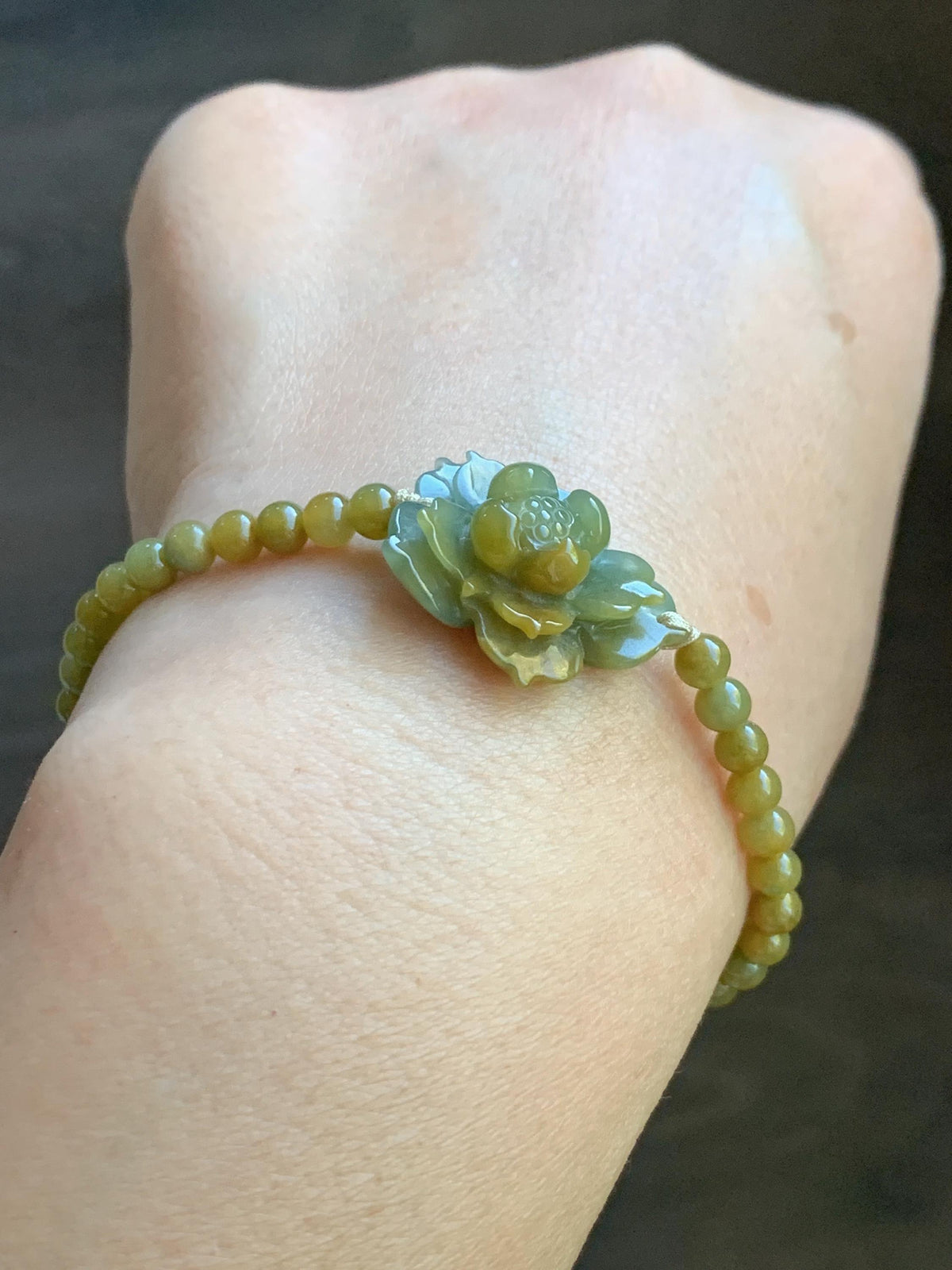 Natural Guatemalan Icy Translucent Dusty Blue Yellow Marbled Jade Jadeite Lotus Flower Petite Beaded Bracelet 7” 8g 天然冰危蓝黄翡翠莲花满黄小圆珠手串 WLH240