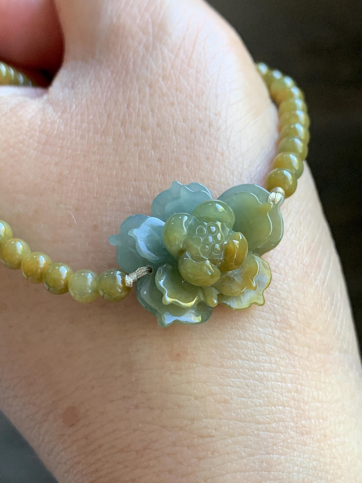 Natural Guatemalan Icy Translucent Dusty Blue Yellow Marbled Jade Jadeite Lotus Flower Petite Beaded Bracelet 7” 8g 天然冰危蓝黄翡翠莲花满黄小圆珠手串 WLH240