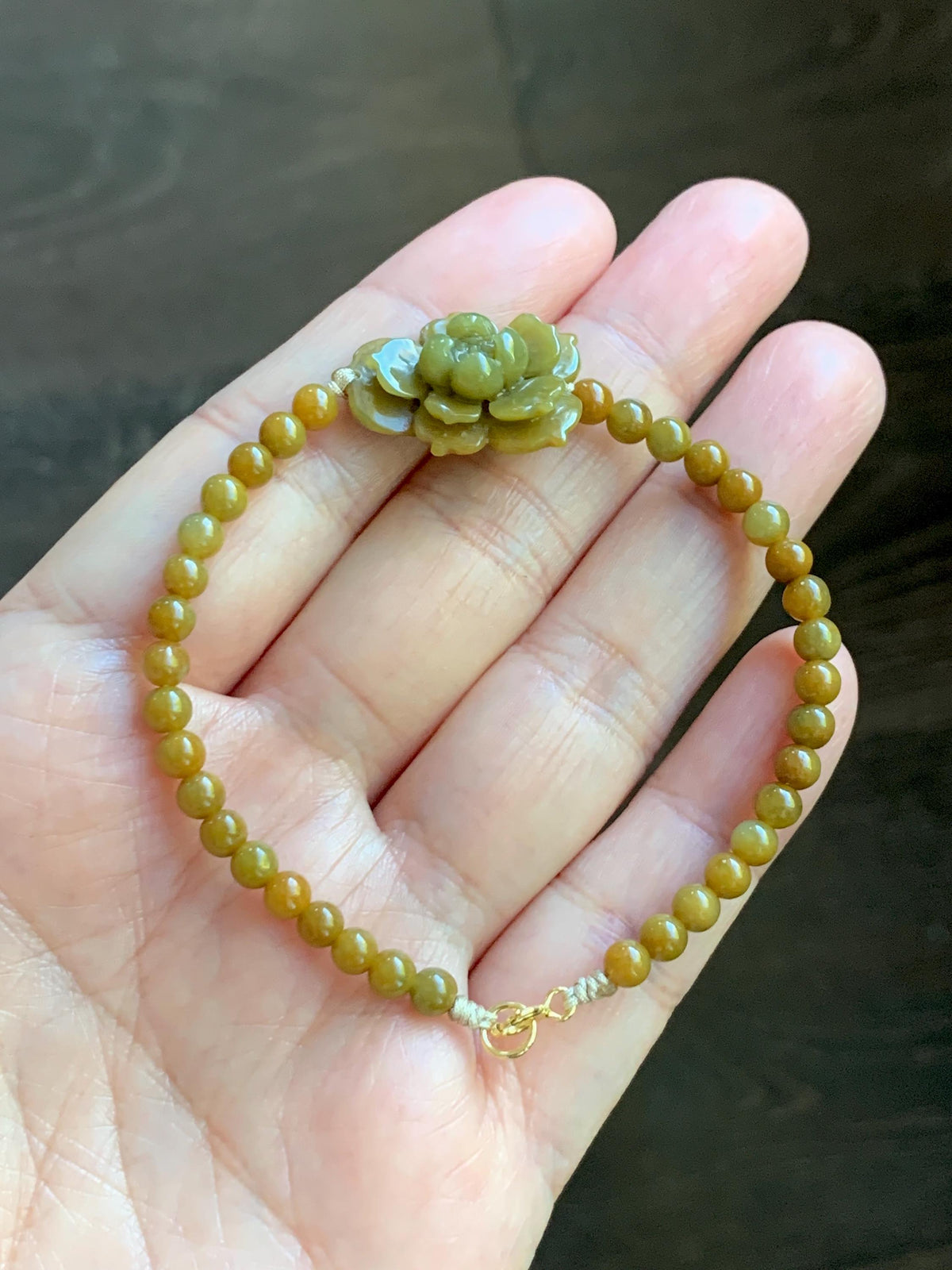 Natural Guatemalan Translucent Rich Yellow Jade Jadeite Lotus Flower Petite Jadeite Beads Beaded Bracelet 6.75” 8g 天然冰危油黄翡翠莲花满黄小圆珠手串 WHH240