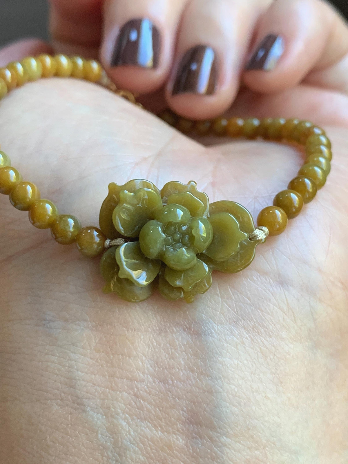Natural Guatemalan Translucent Rich Yellow Jade Jadeite Lotus Flower Petite Jadeite Beads Beaded Bracelet 6.75” 8g 天然冰危油黄翡翠莲花满黄小圆珠手串 WHH240
