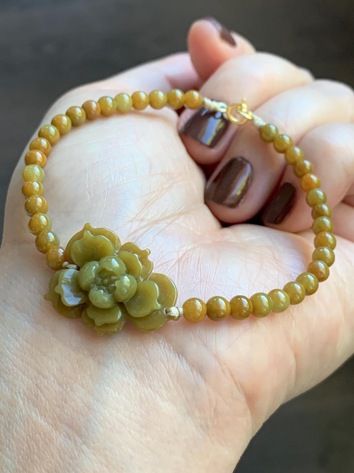 Natural Guatemalan Translucent Rich Yellow Jade Jadeite Lotus Flower Petite Jadeite Beads Beaded Bracelet 6.75” 8g 天然冰危油黄翡翠莲花满黄小圆珠手串 WHH240