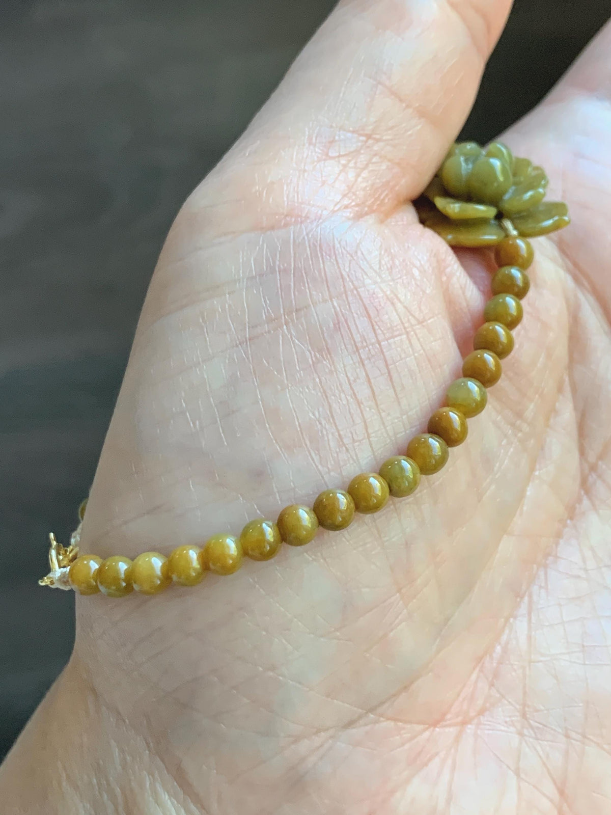 Natural Guatemalan Translucent Rich Yellow Jade Jadeite Lotus Flower Petite Jadeite Beads Beaded Bracelet 6.75” 8g 天然冰危油黄翡翠莲花满黄小圆珠手串 WHH240