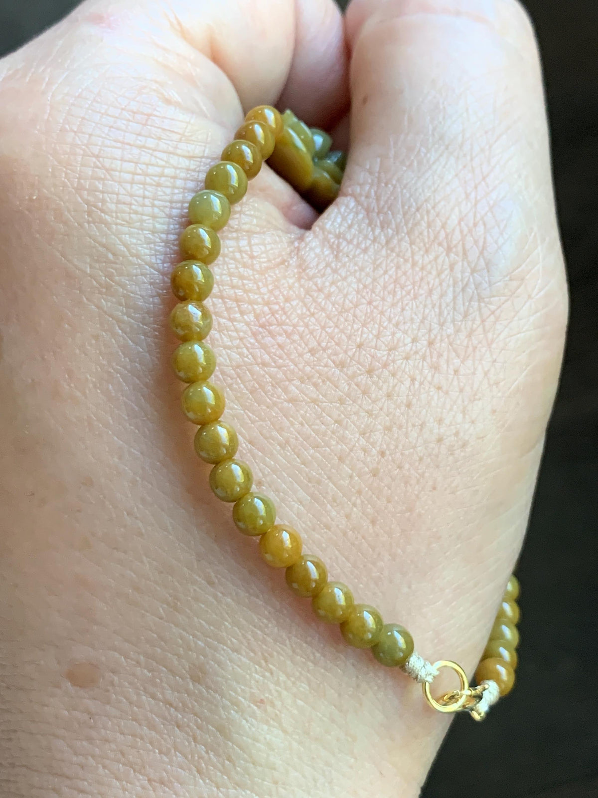 Natural Guatemalan Translucent Rich Yellow Jade Jadeite Lotus Flower Petite Jadeite Beads Beaded Bracelet 6.75” 8g 天然冰危油黄翡翠莲花满黄小圆珠手串 WHH240