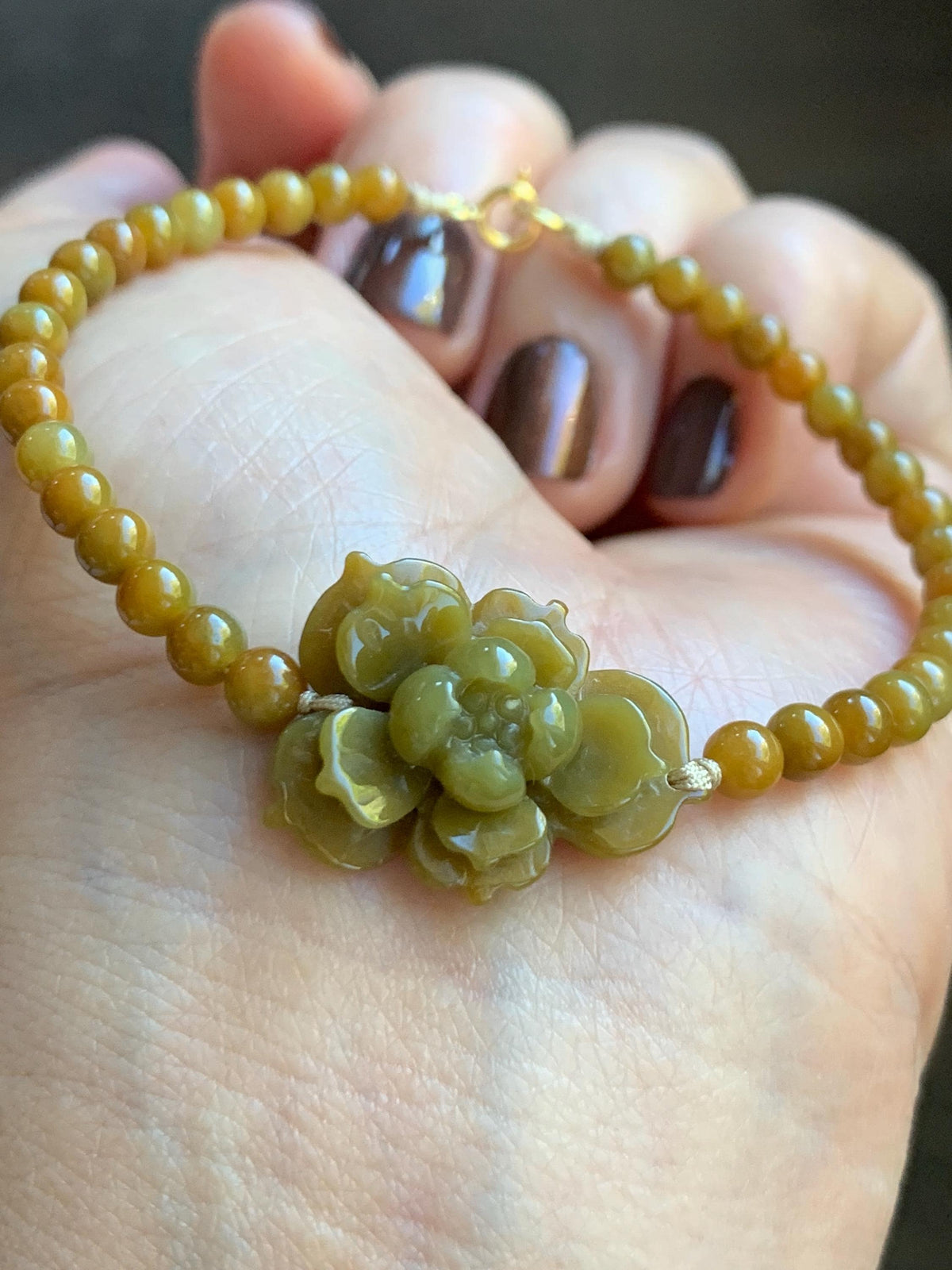 Natural Guatemalan Translucent Rich Yellow Jade Jadeite Lotus Flower Petite Jadeite Beads Beaded Bracelet 6.75” 8g 天然冰危油黄翡翠莲花满黄小圆珠手串 WHH240