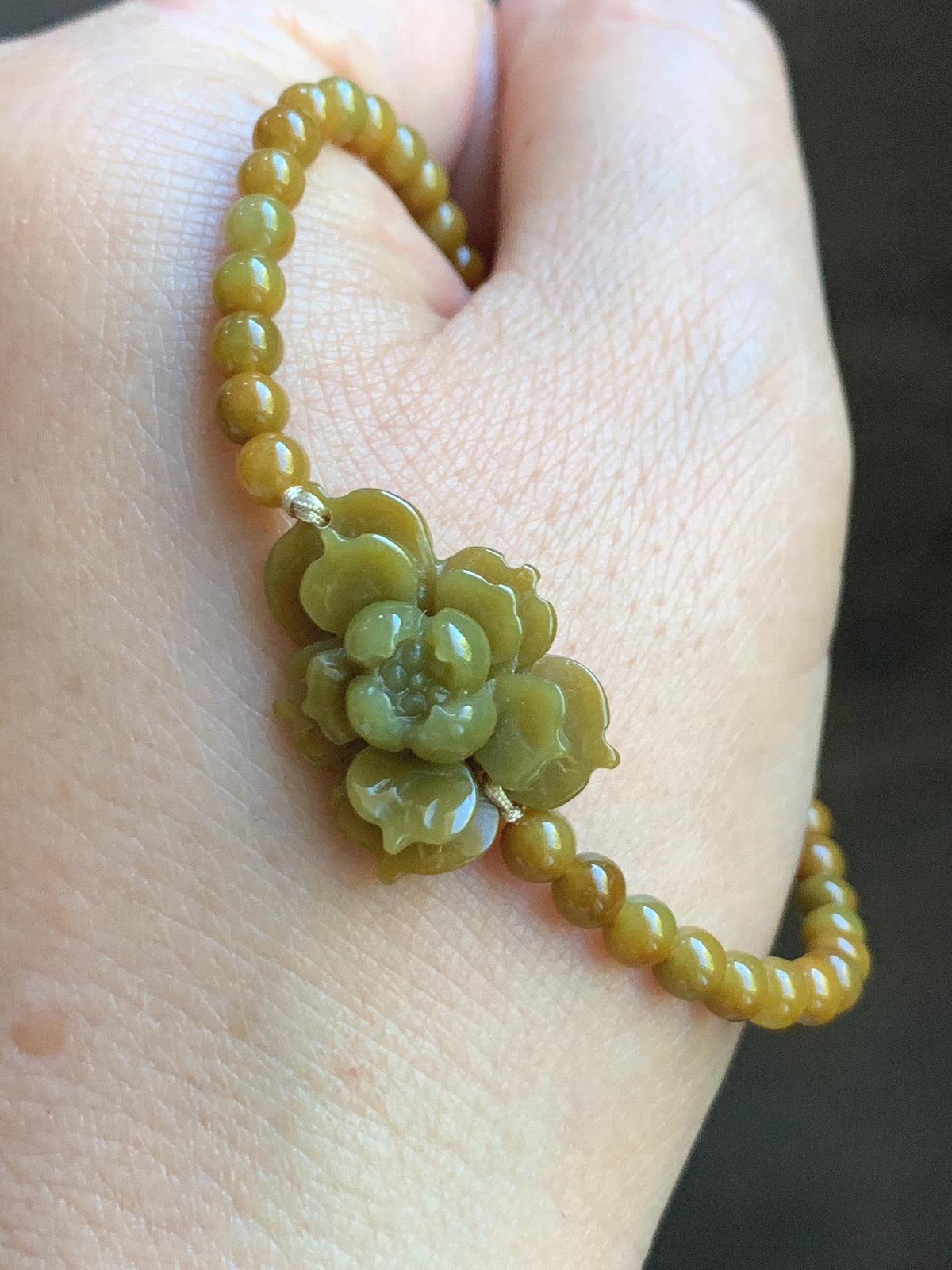 Natural Guatemalan Translucent Rich Yellow Jade Jadeite Lotus Flower Petite Jadeite Beads Beaded Bracelet 6.75” 8g 天然冰危油黄翡翠莲花满黄小圆珠手串 WHH240