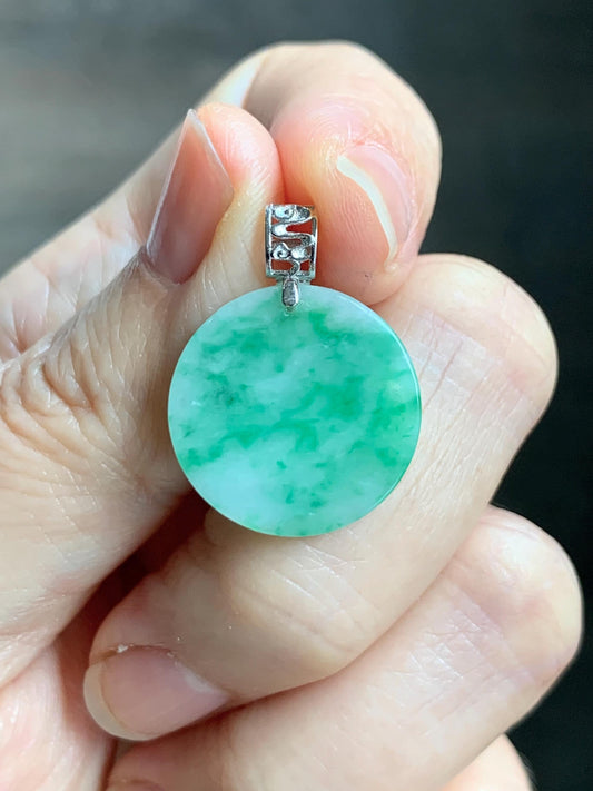 Petite Natural Grade A Icy Translucent Green Marbled Jade Jadeite Round Wu Shi Pai Pendant Sterling Silver 天然冰飘绿花翡翠无事牌镶嵌吊坠 MYL275A