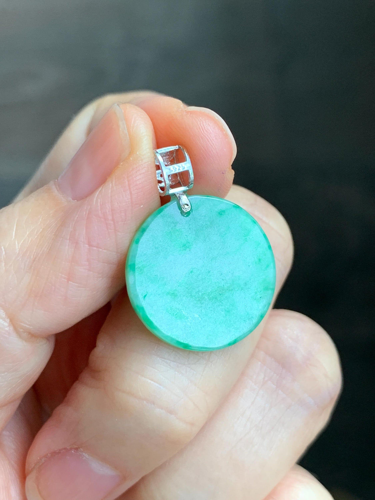 Petite Natural Grade A Icy Translucent Green Marbled Jade Jadeite Round Wu Shi Pai Pendant Sterling Silver 天然冰飘绿花翡翠无事牌镶嵌吊坠 MYL275B