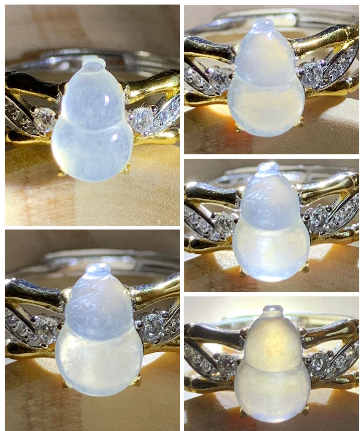 Natural Grade A Icy Highly Translucent White Jade Jadeite Gourd Hulu Ring Sterling Silver Size 7 Adjustable 天然白冰起光翡翠葫芦戒指 MBH140