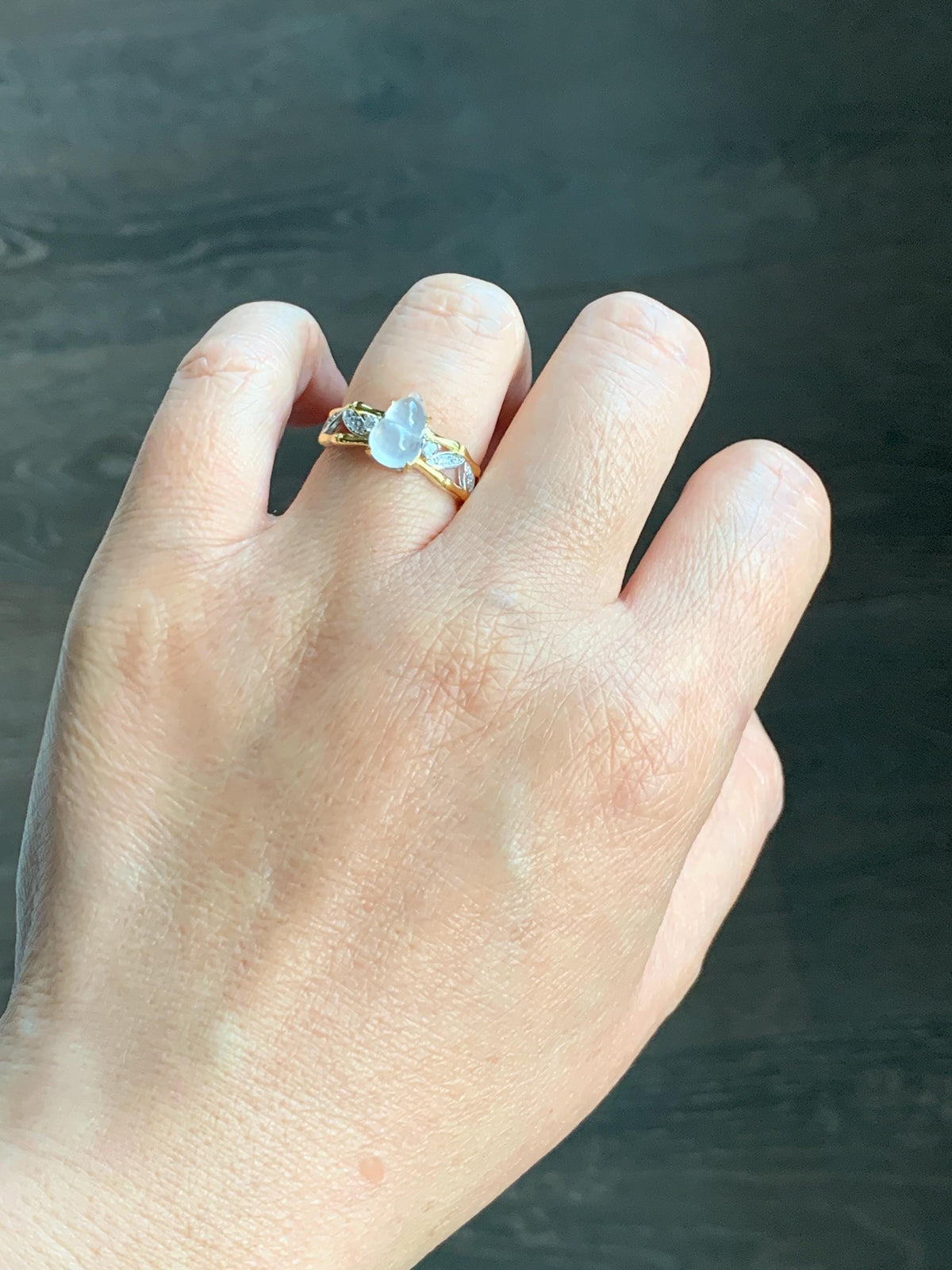 Natural Grade A Icy Highly Translucent White Jade Jadeite Gourd Hulu Ring Sterling Silver Size 7 Adjustable 天然白冰起光翡翠葫芦戒指 MBH140