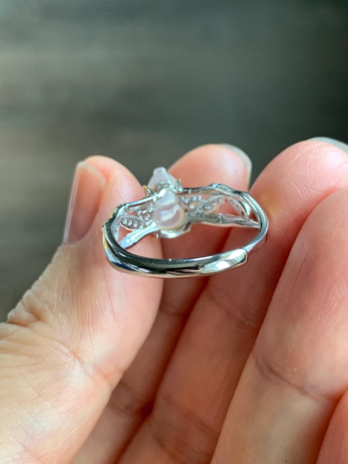 Natural Grade A Icy Highly Translucent White Jade Jadeite Gourd Hulu Ring Sterling Silver Size 7 Adjustable 天然白冰起光翡翠葫芦戒指 MBH140