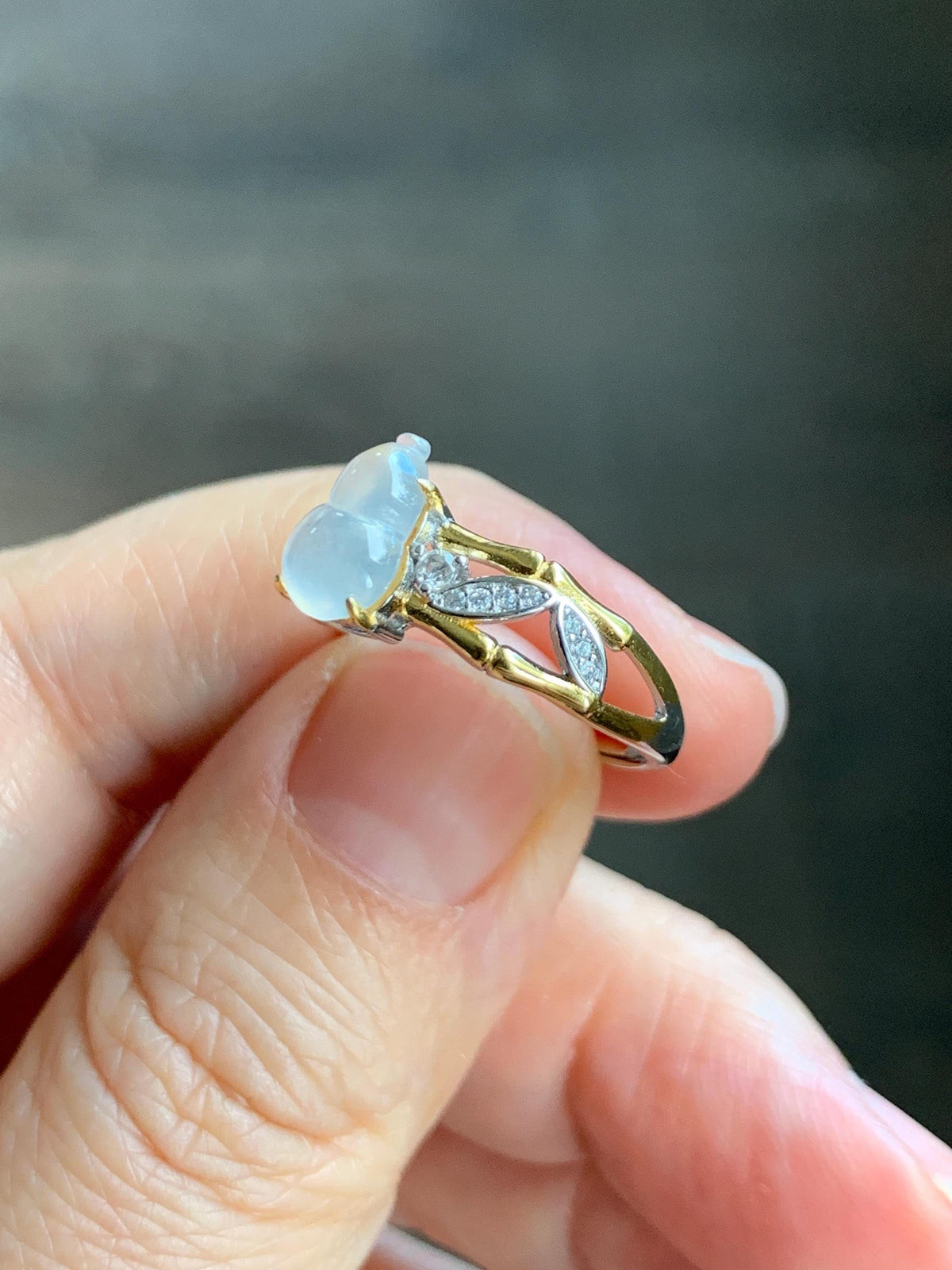 Natural Grade A Icy Highly Translucent White Jade Jadeite Gourd Hulu Ring Sterling Silver Size 7 Adjustable 天然白冰起光翡翠葫芦戒指 MBH140