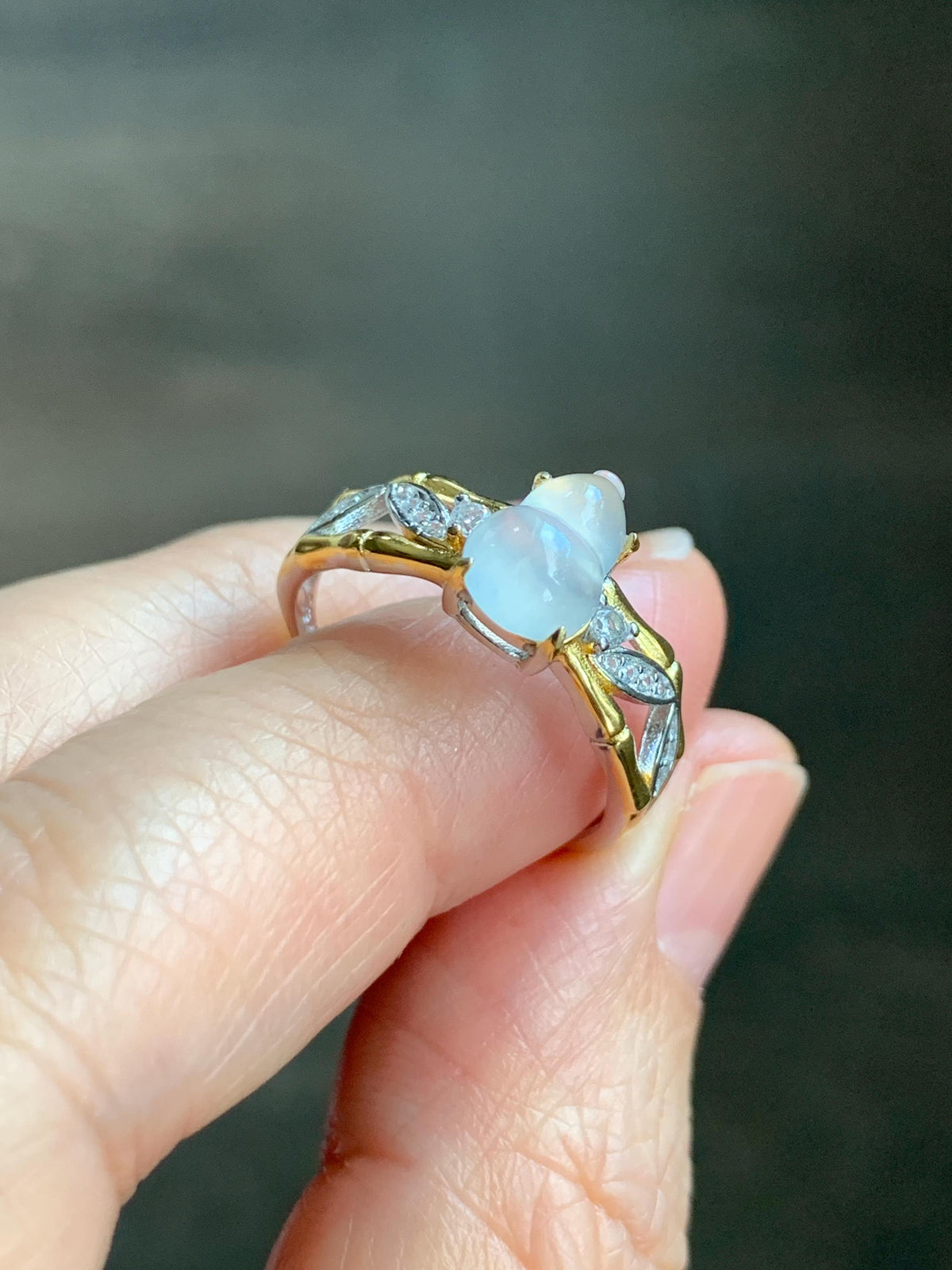 Natural Grade A Icy Highly Translucent White Jade Jadeite Gourd Hulu Ring Sterling Silver Size 7 Adjustable 天然白冰起光翡翠葫芦戒指 MBH140