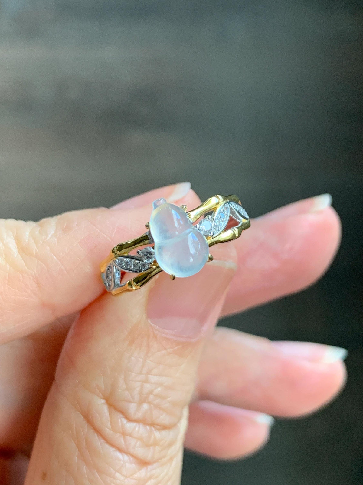Natural Grade A Icy Highly Translucent White Jade Jadeite Gourd Hulu Ring Sterling Silver Size 7 Adjustable 天然白冰起光翡翠葫芦戒指 MBH140