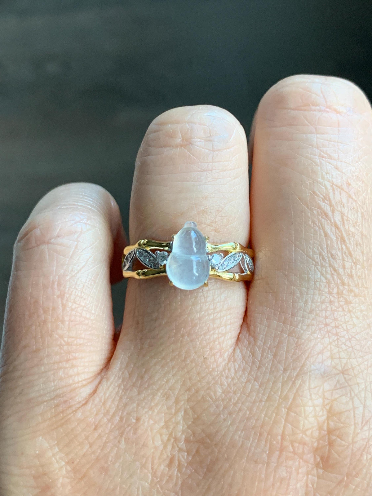 Natural Grade A Icy Highly Translucent White Jade Jadeite Gourd Hulu Ring Sterling Silver Size 7 Adjustable 天然白冰起光翡翠葫芦戒指 MBH140
